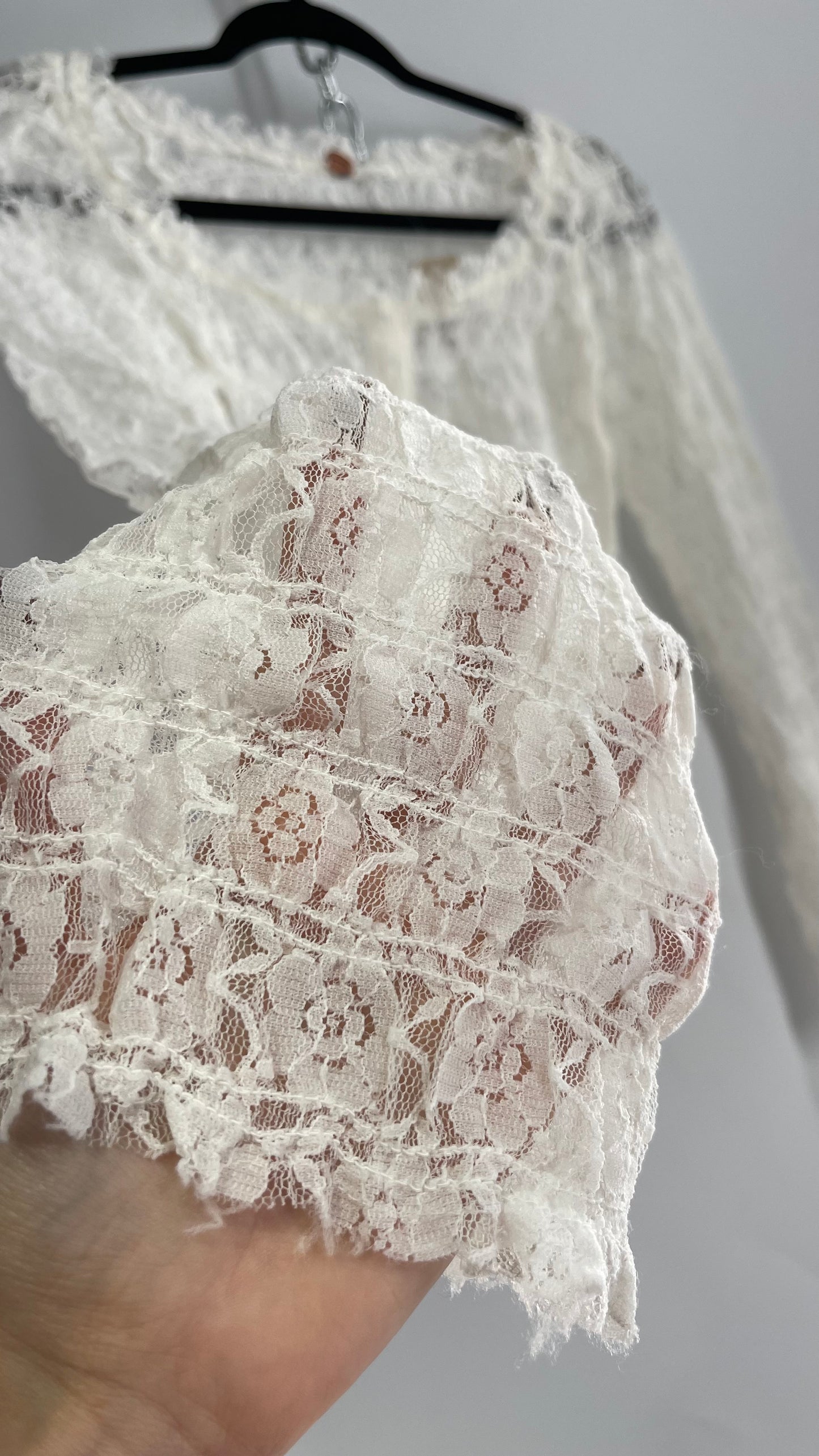 Free People White Smocked Lace Long Sleeve with Eyelet Closure (Small)