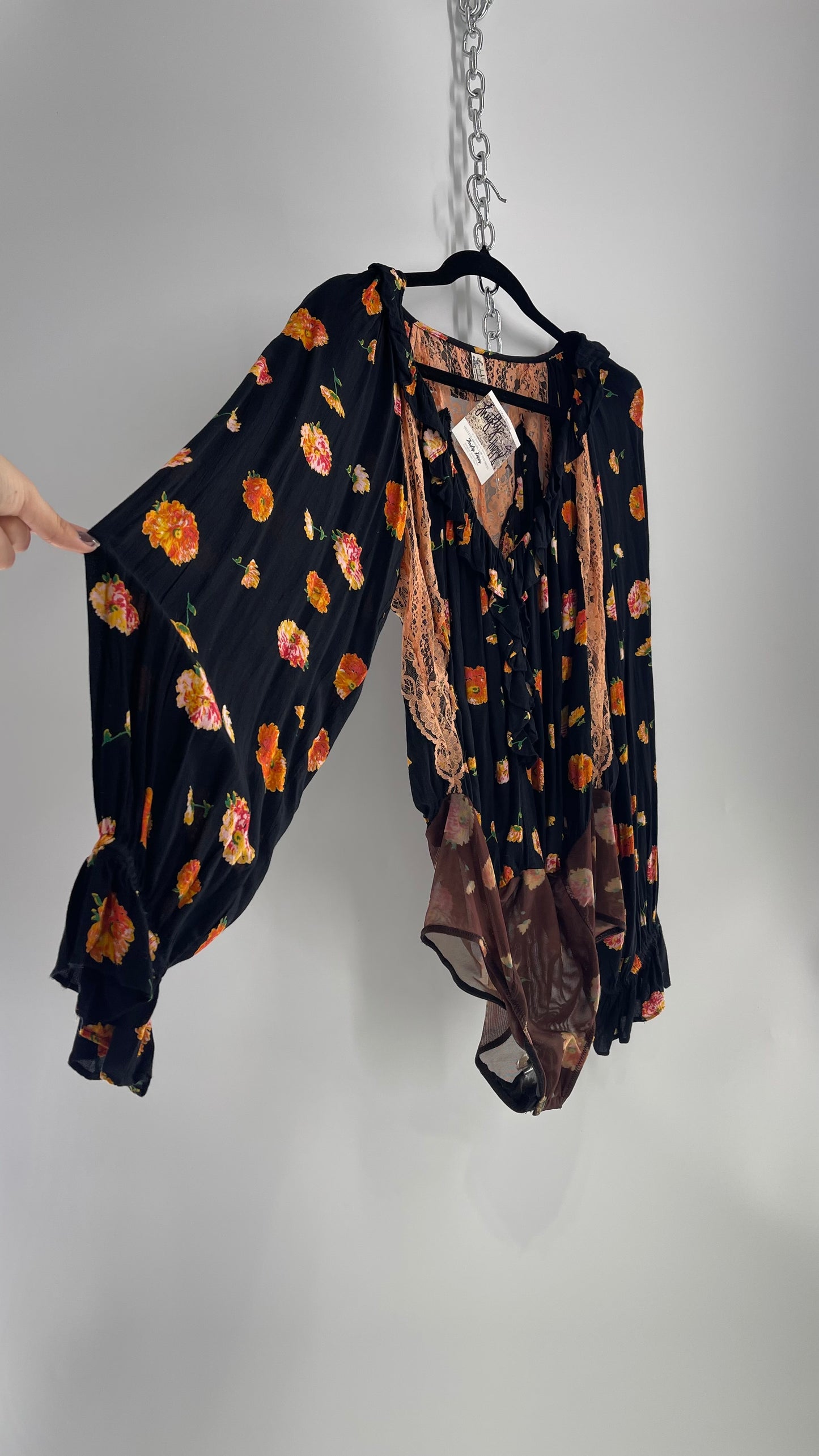 Free People Black and Peach Orange Floral Bodysuit with Balloon Sleeves (Small)