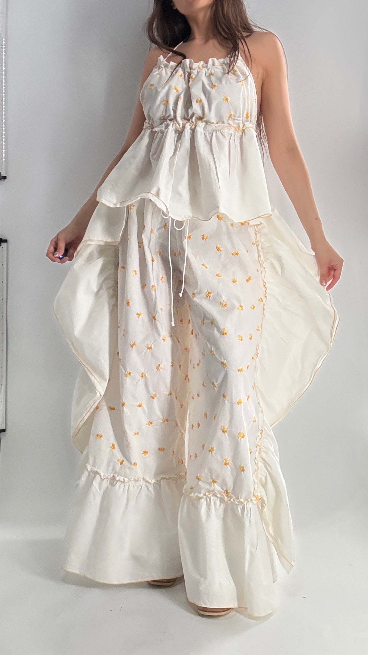 Vintage Handmade Angeline 2pc Set with Ruffled Pant, Embroidered Daisy Pattern, and Bustier Camisole with Adjustable Drawstring Bustline and Waistline (XS-L)