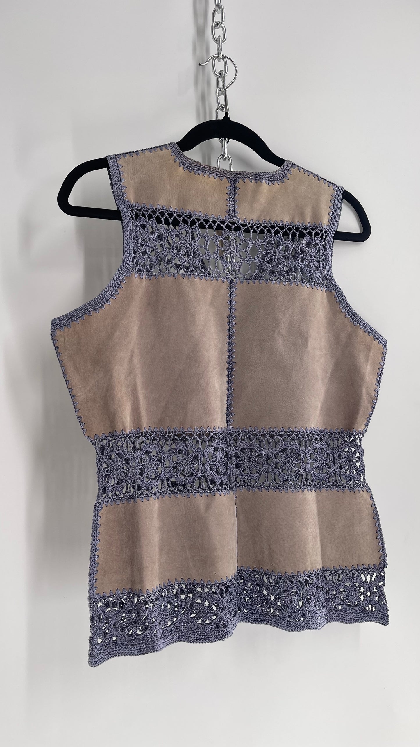 Vintage Grey Suede Leather and Blue Crochet Vest Top (Small)