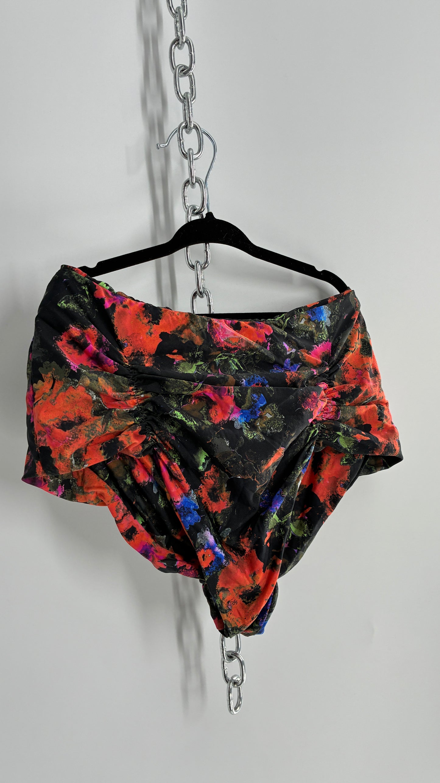 Boys + ARROWS High Contrast Floral High Waisted, Ruched Tanga Swim Bottoms (M)
