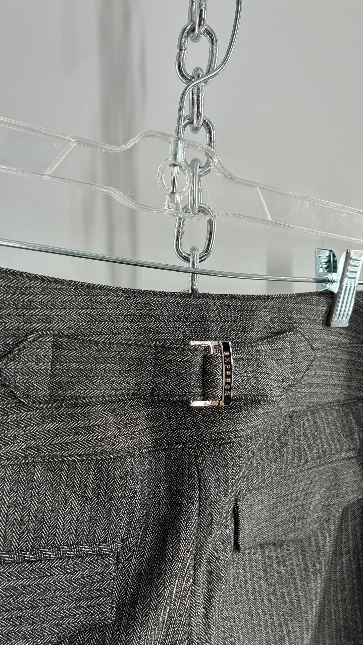Vintage 1990s EXPRESS Editor Dark Grey Pinstripe Ultra Low Rise Thick Hip Band Kick Flares (6R)
