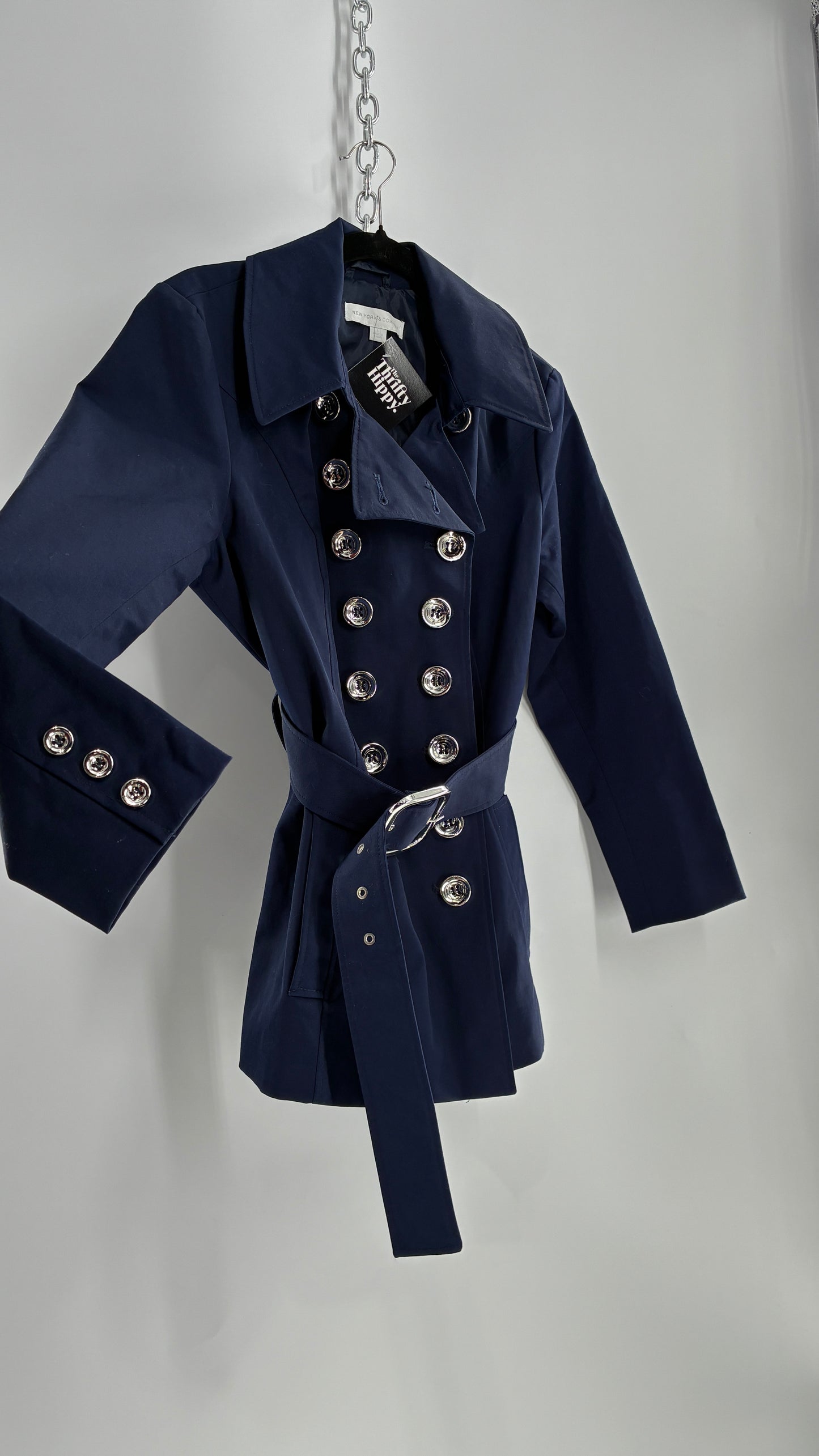 New York & Company Deep Navy Coat with Double Breasted Silver Buttons and Oversized Silver Buckle (Large)
