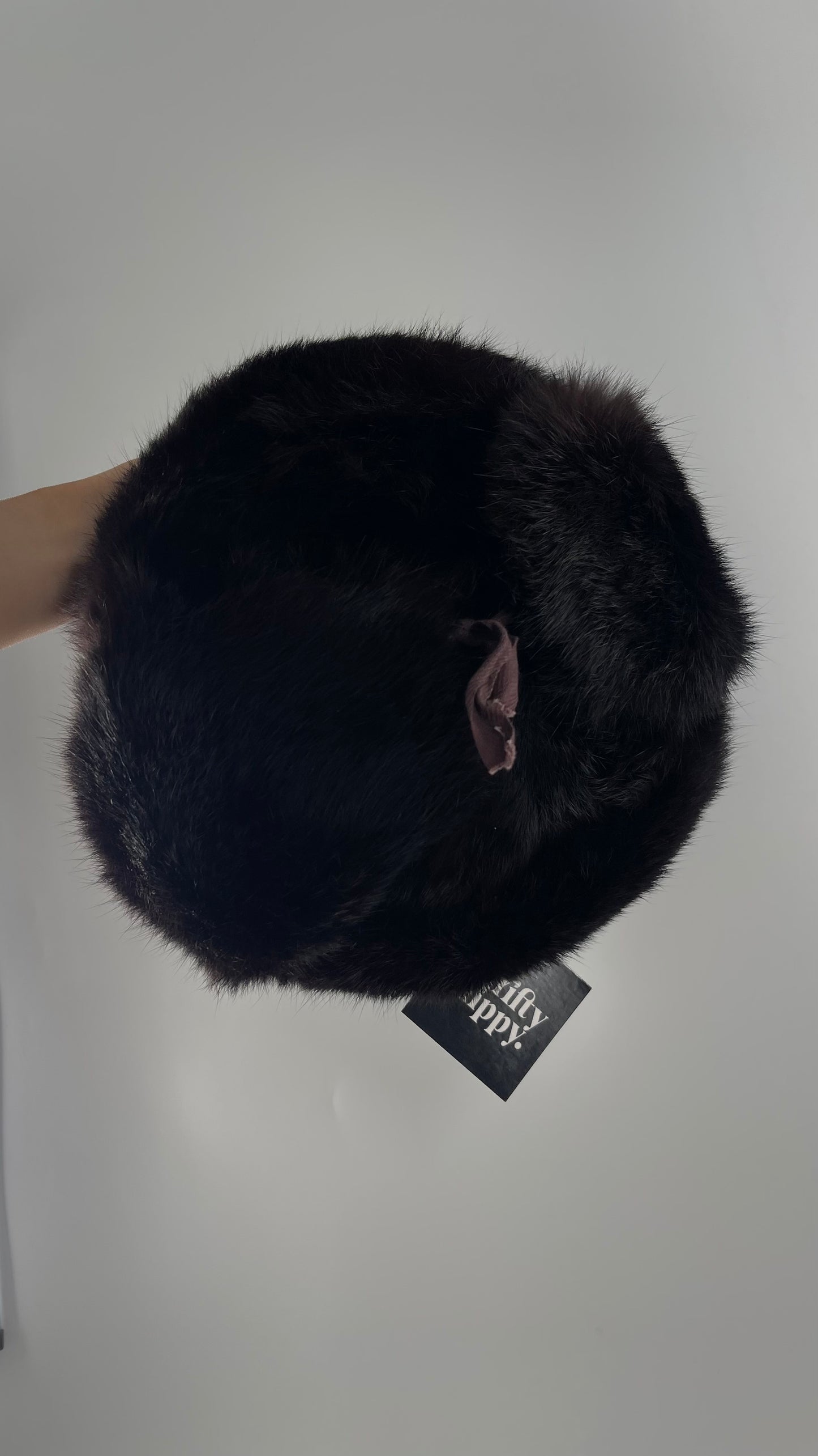 Vintage Russian Black Genuine Rabbit Fur Roller Hat with Pull Down Ear Muff Flaps