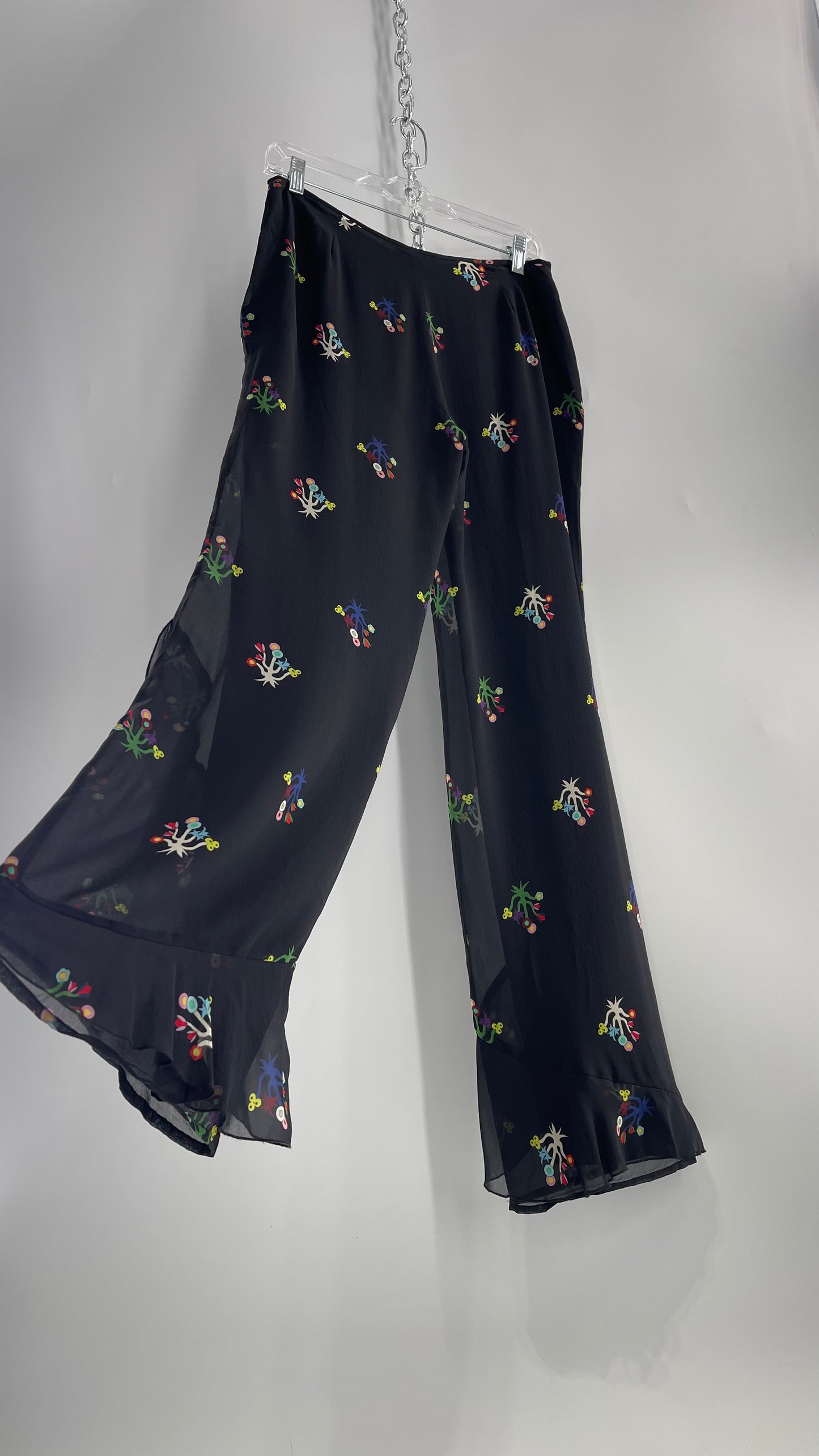 Cynthia Rowley Black Flared Pants with Colorful Abstract Florals, Dual Lining and Ruffle Trim (4)