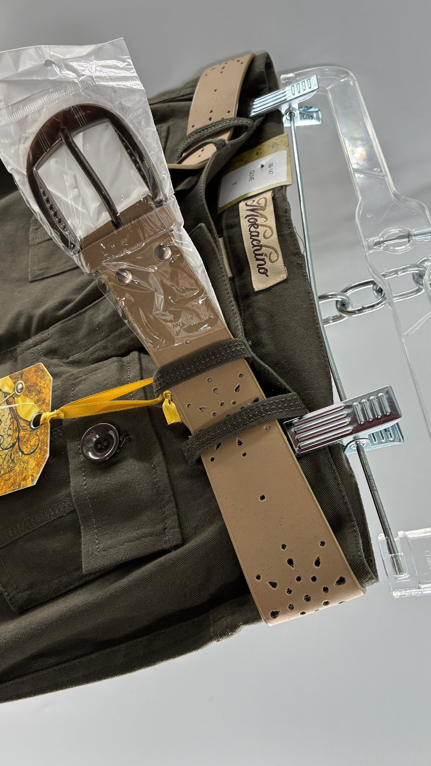 Deadstock Vintage MOKACHINO Olive Green Low Rise Kickflares with Hip/Bum Pockets and Built in Belt (7)