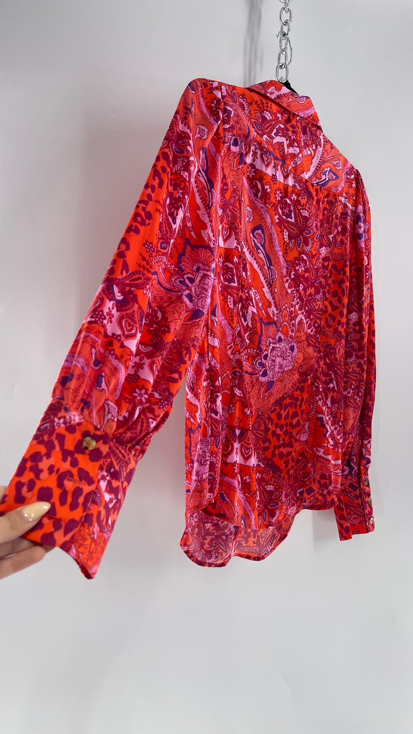 Free People Red, Neon Orange Leopard Paisley Patterned Button Front(Medium)