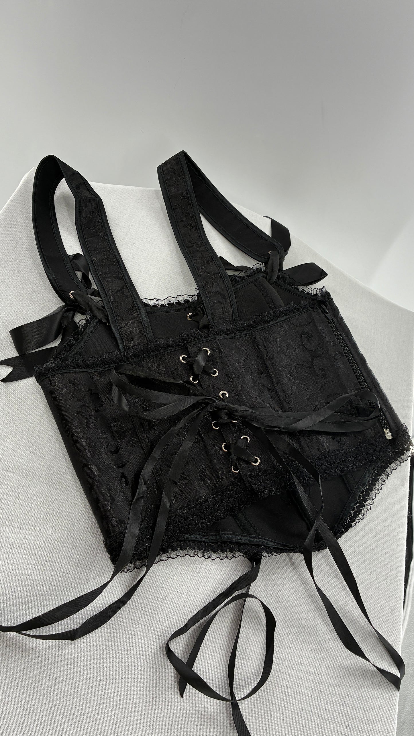 Custom Black Jacquard Corset, Handmade with Heart Appliqué, Bows, Embroidery, Gemstones, Lace and Ruffles (S/M)