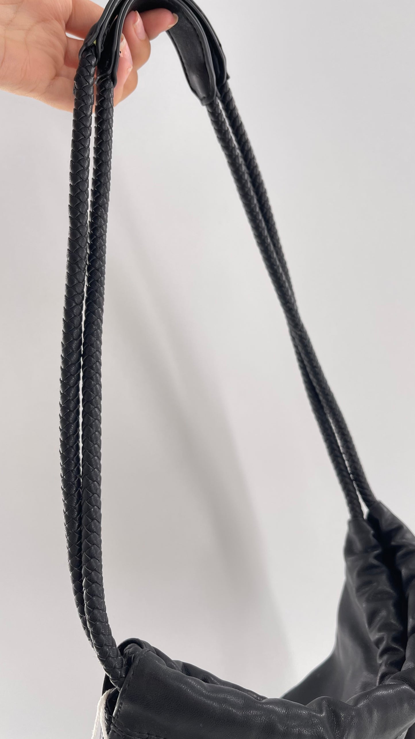 Urban Outfitters Black Adjustable Bucket Tank Vegan Leather Bag with Braided Handles