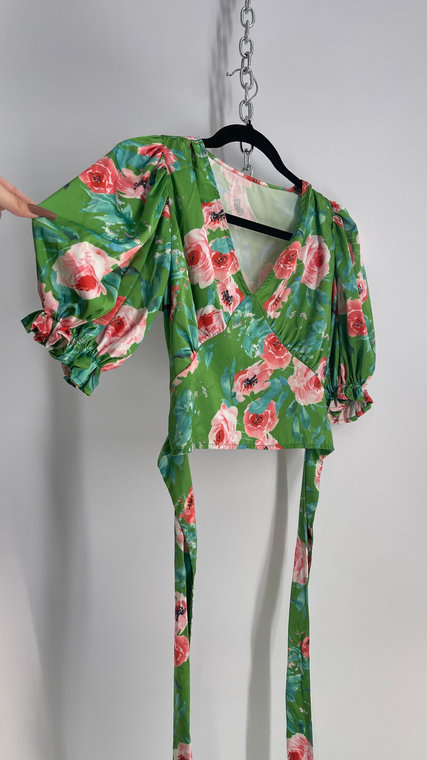 OPI Green Floral Puff Sleeve Open Tie Back Blouse (small)