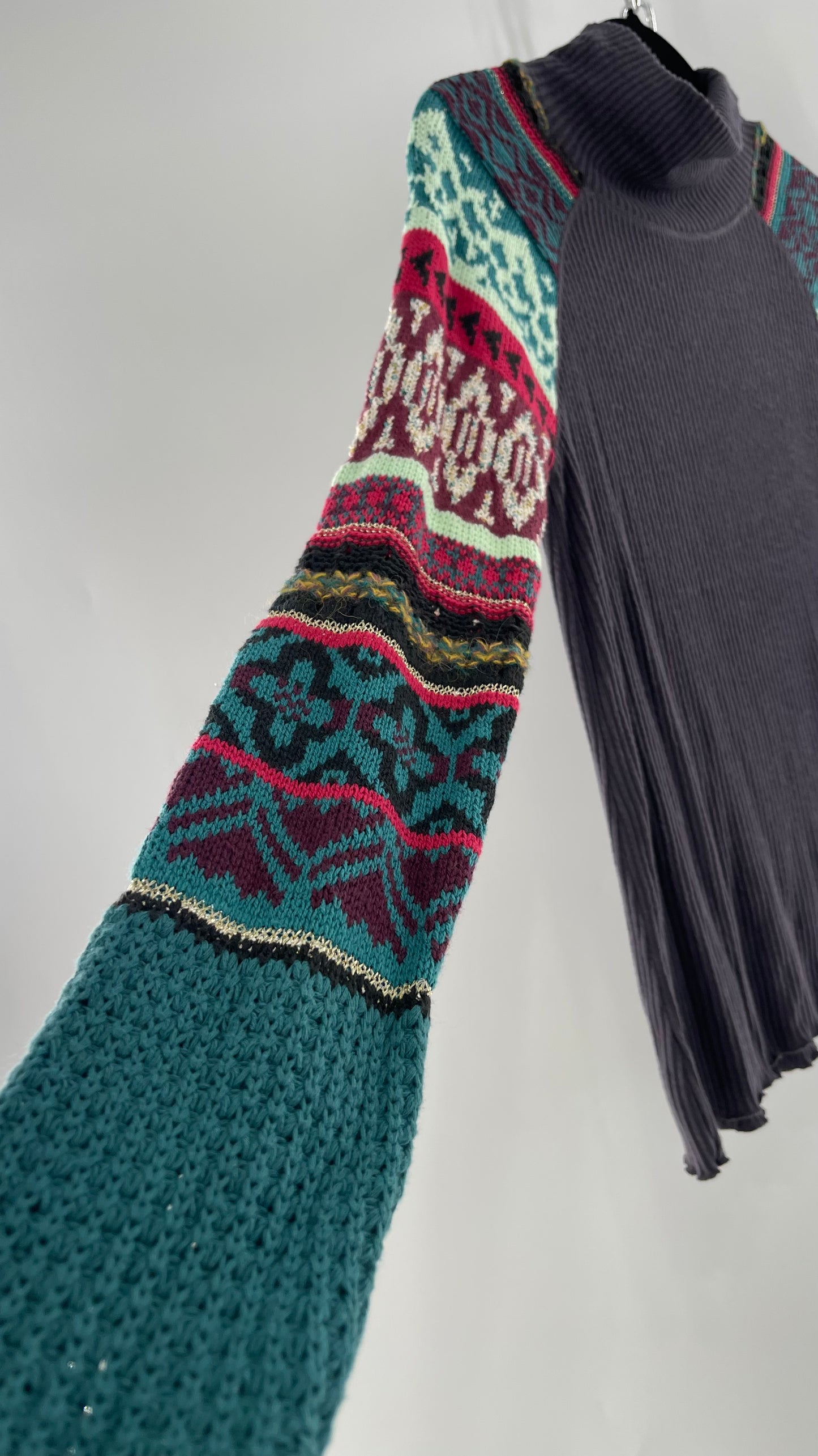 Free People Grey Cozy Knit with Colorful Patterned Knit Sleeves (Small)