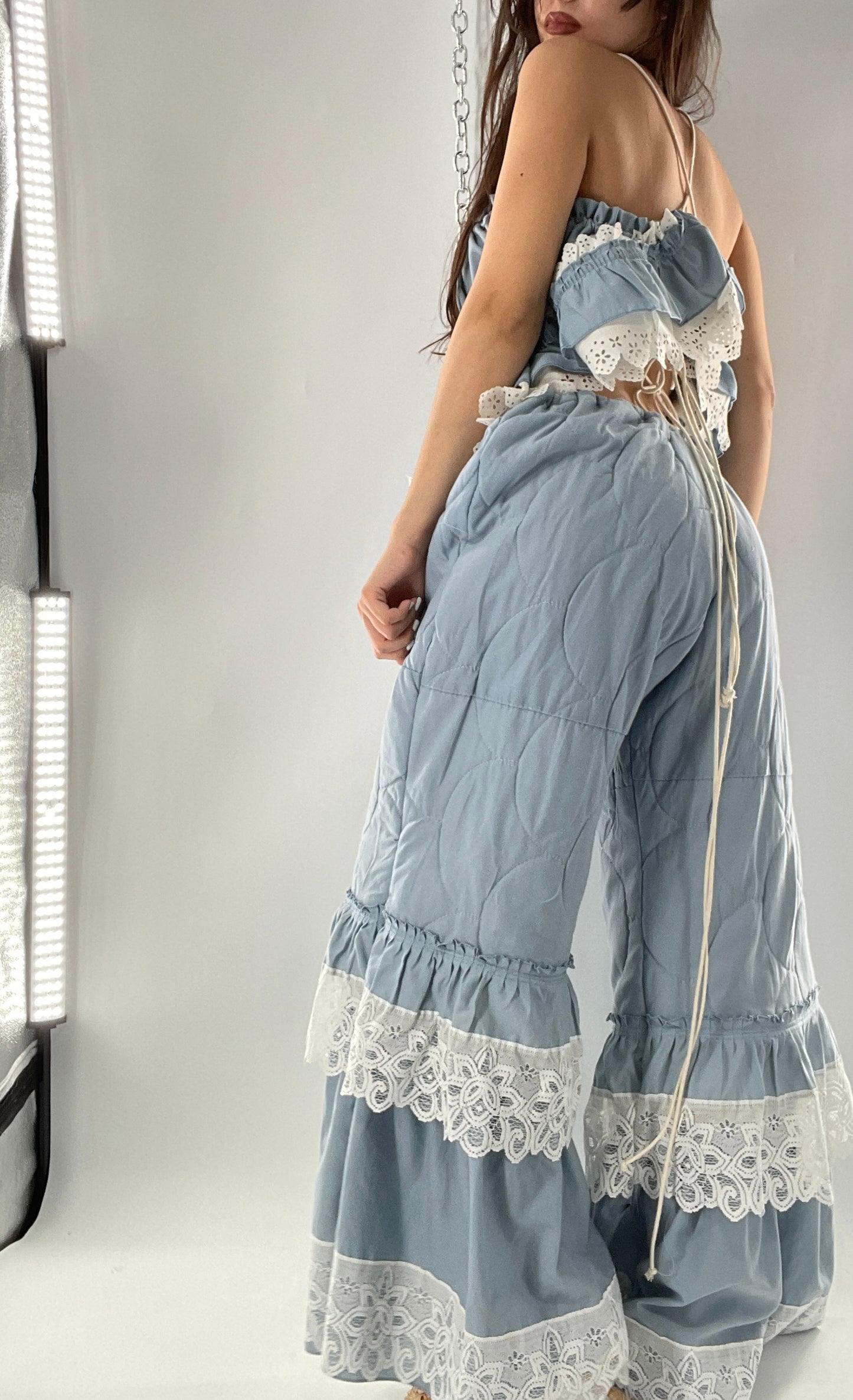 Vintage 2 Piece Powder Blue Set Featuring 2Way Blouse and Quilted Trousers Covered in Ruffles, Lace and Trim (One Size)