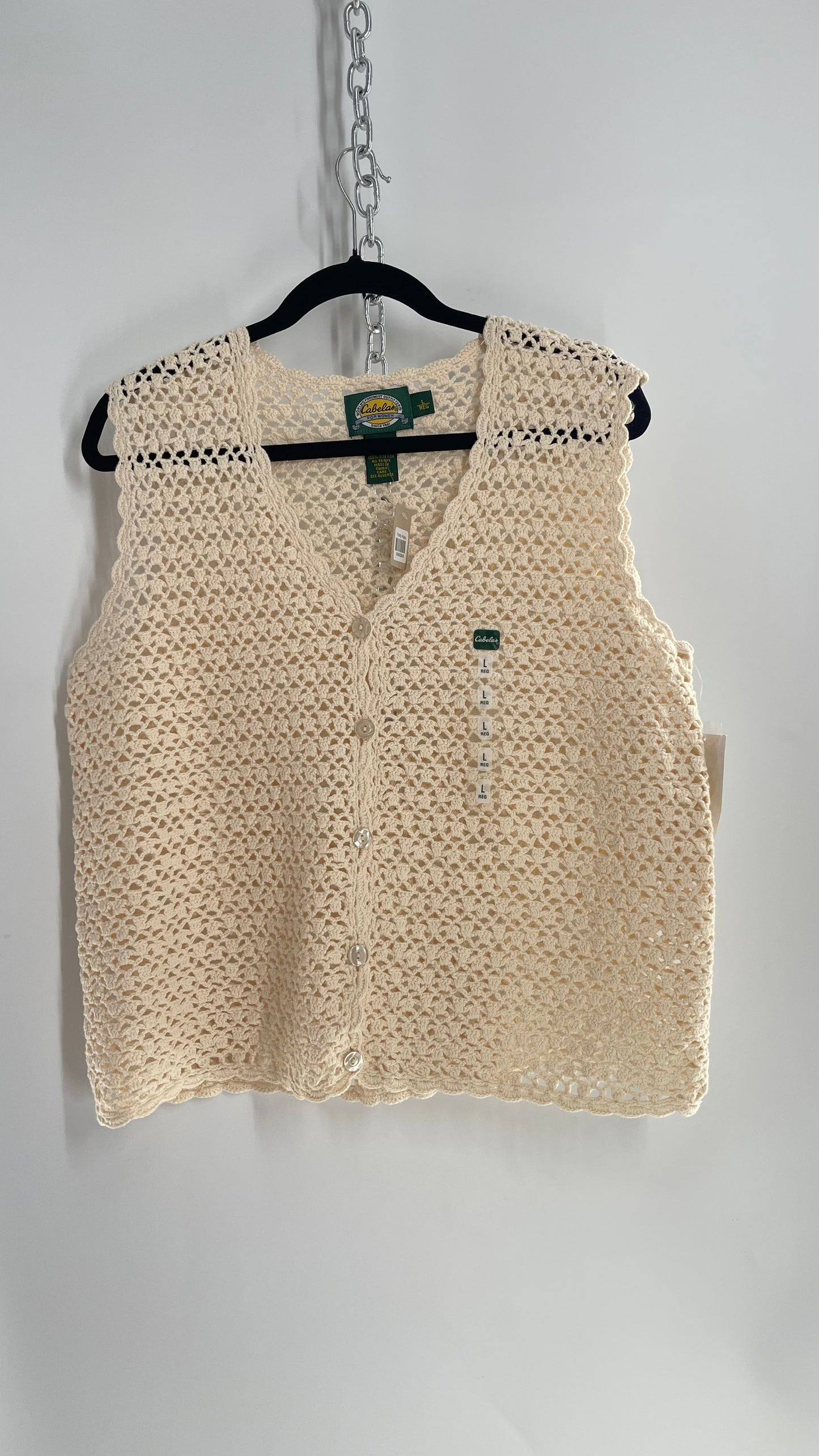 Deadstock Vintage Cabela’s Beige Crochet Knit Vest with Tags Attached (Large)