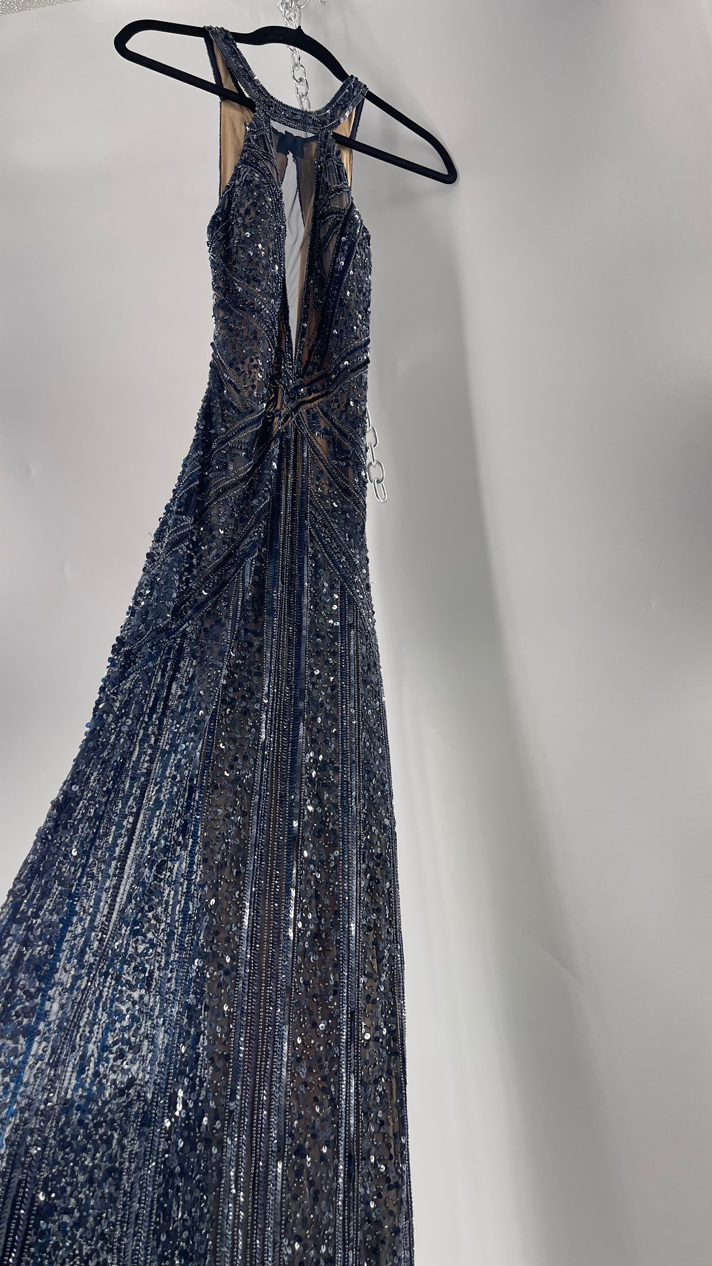 Vintage SCALA Navy Blue Beaded Floor Length Gown with Plunging Neckline, Backless Detail, and Tan Underlay (C)(4)