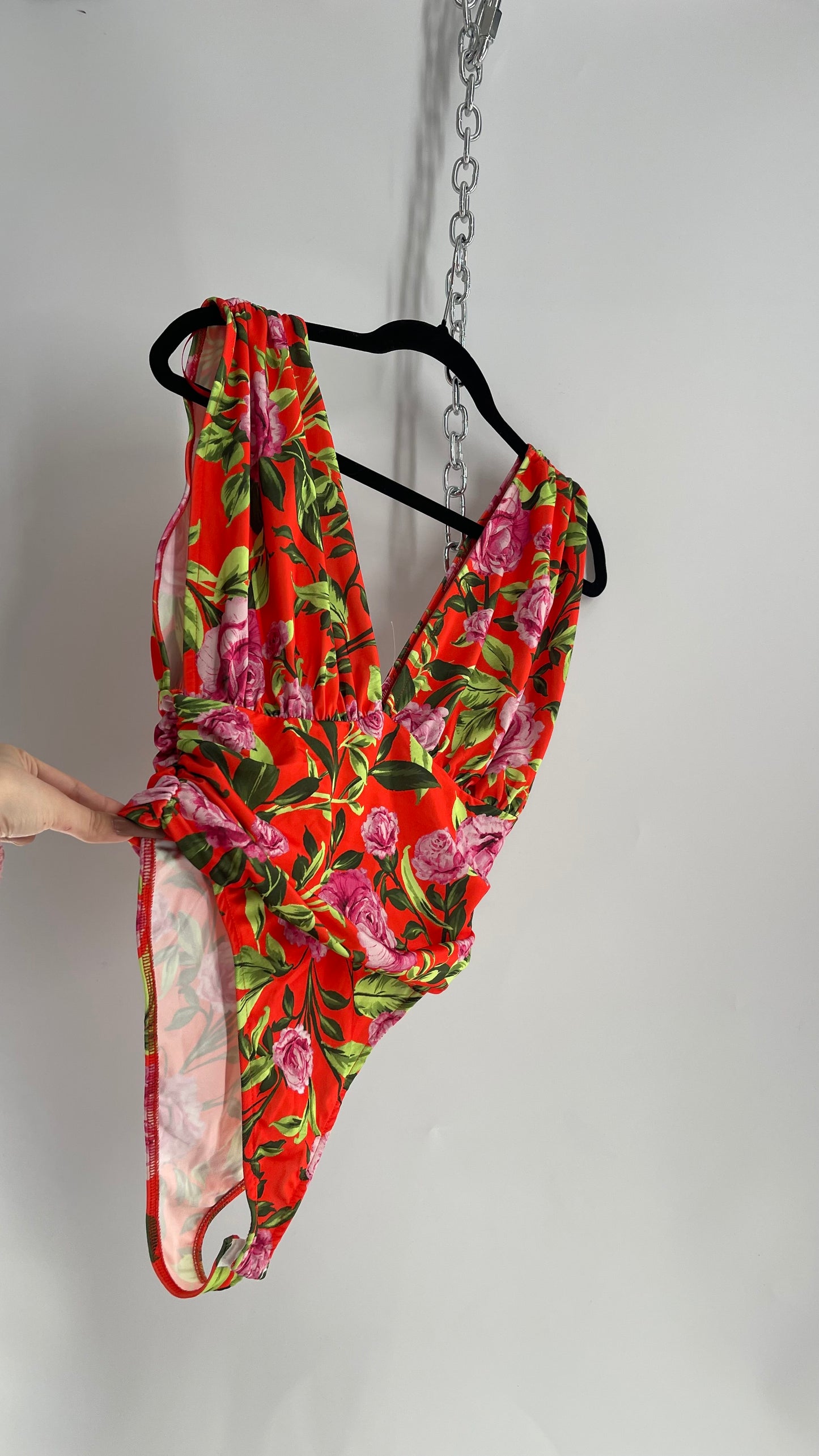 ZARA Orange Tropical Flora Ruched Bodice Bodysuit with Tags Attached (Medium)