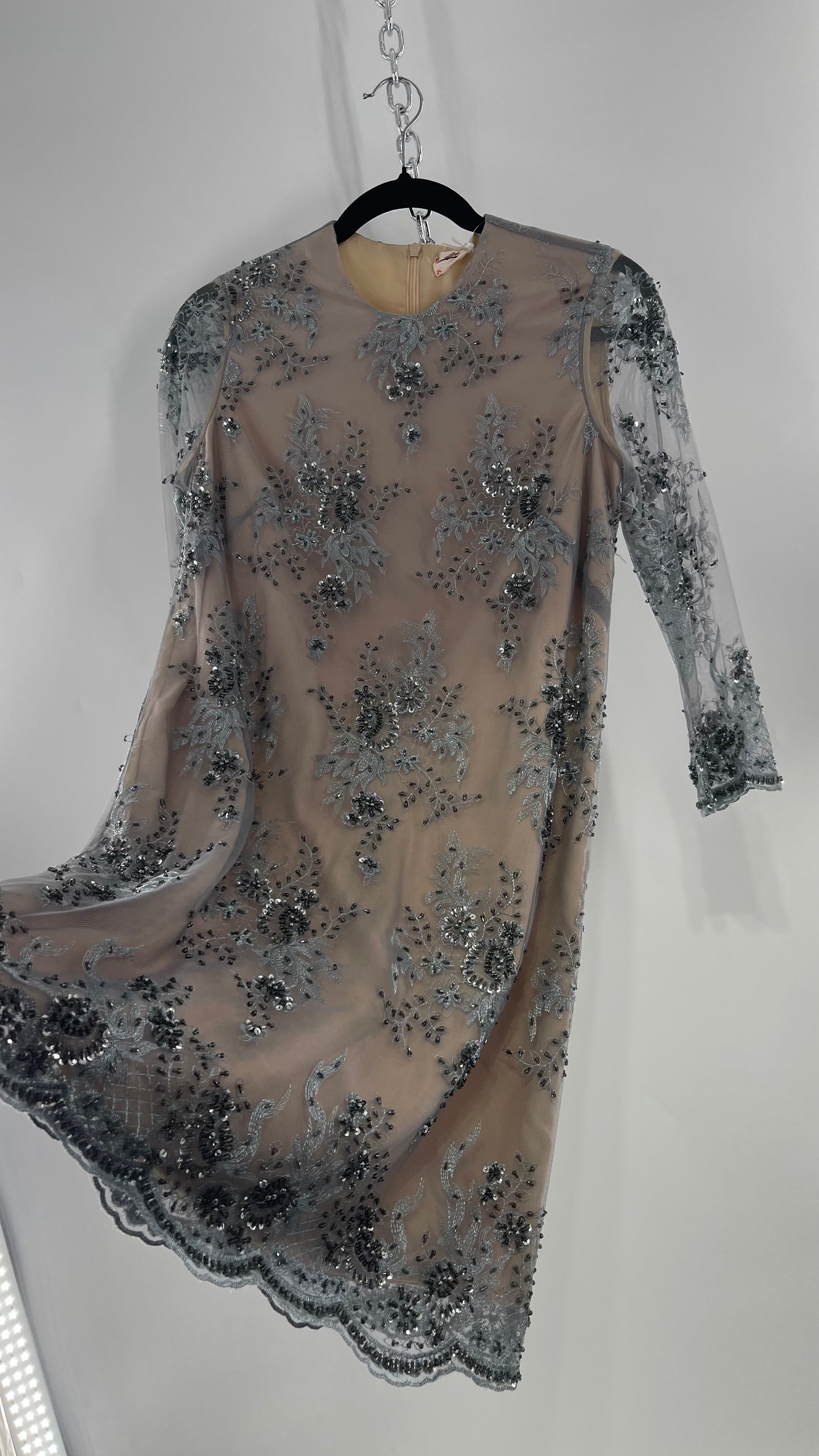 Koravilas Anthropologie Grey Mesh Embroidered Lace Long Sleeve Beaded Dress (4)