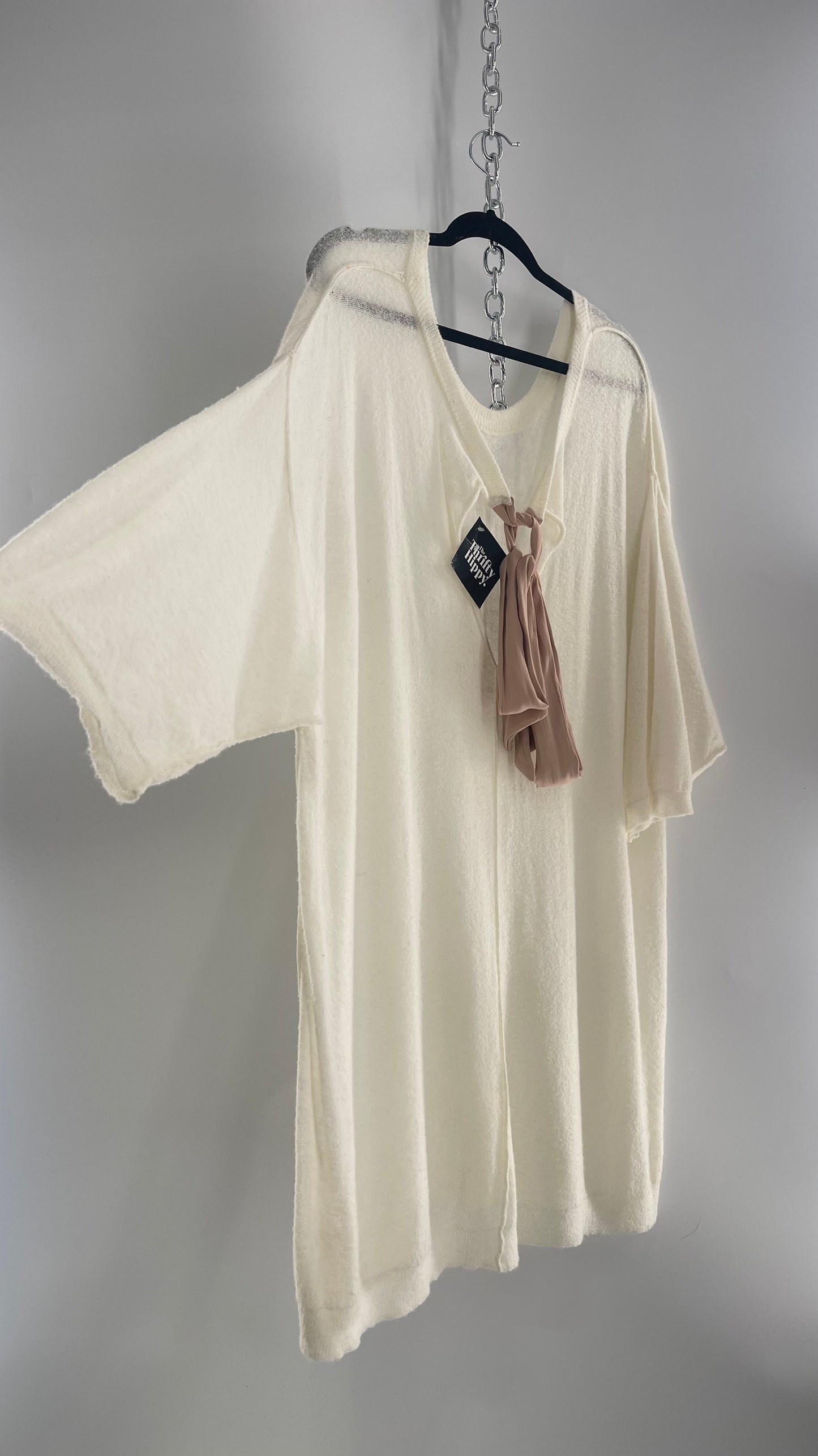Free People Off White Thin Knit Cozy Sweater Dress with Open Back and Dusty Rose Ribbon (L)