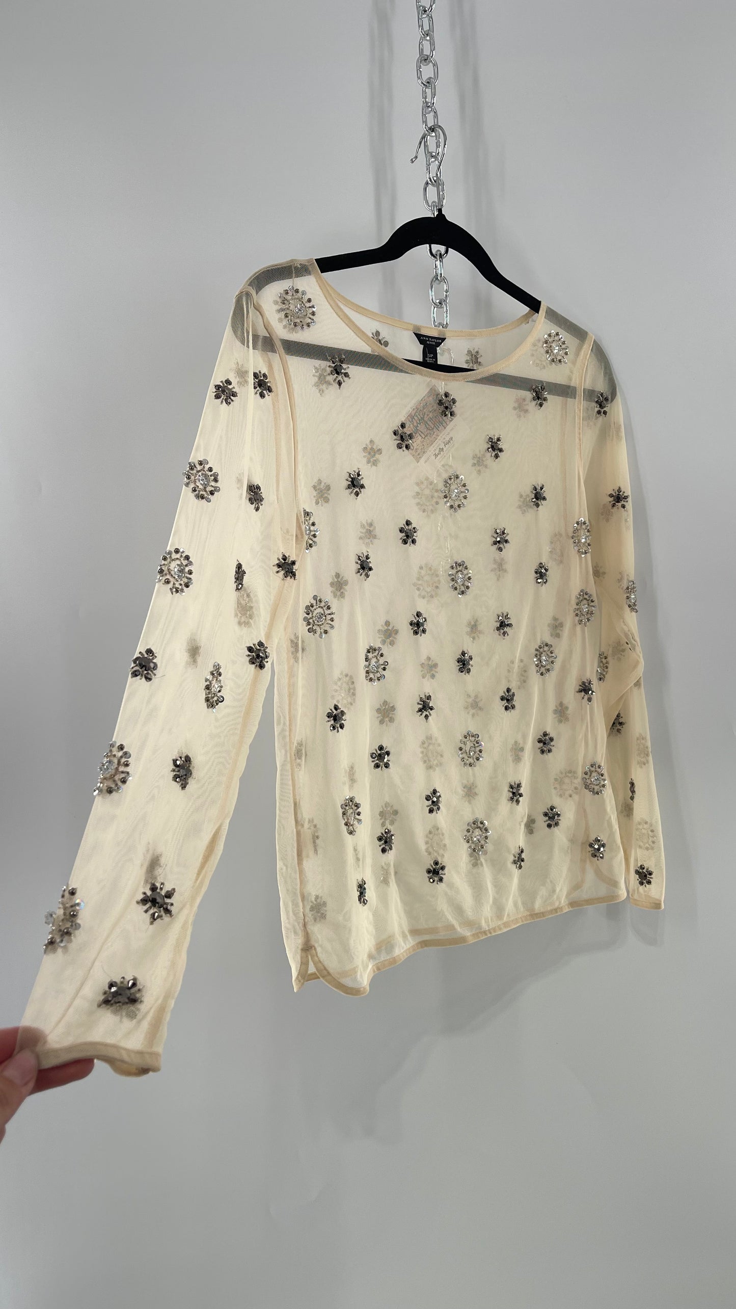 ANN TAYLOR Off White Mesh Long Sleeve with Crystal Beaded Embellishments (Small)
