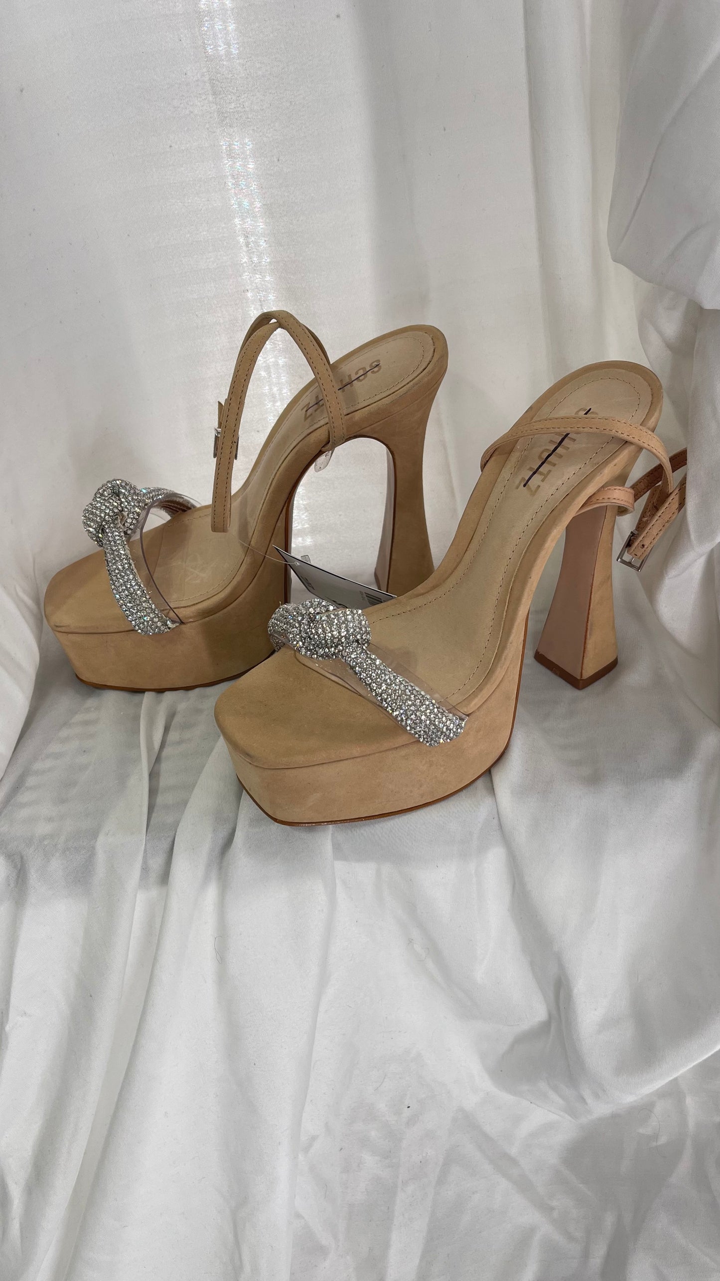 SCHÜTZ Peaky Beige/Tan/Nude Platform Heel with Funky Heel and Clear Knot Rhinestone Toe Strap (6)