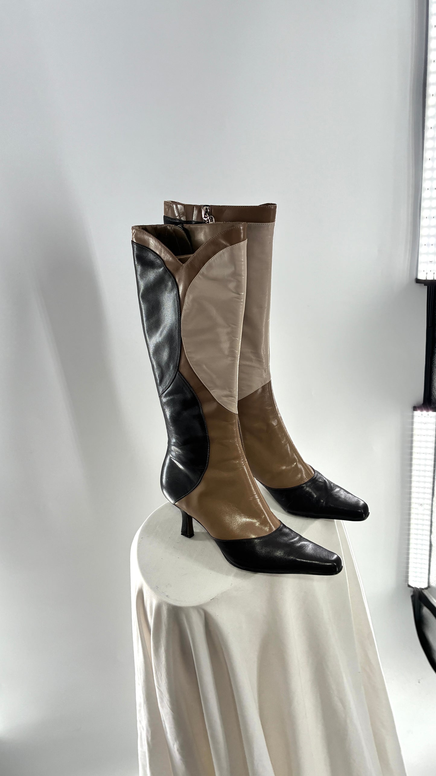 Vintage ANN MARINO Knee High Pointed Toe Abstract Patchwork Boots (6.5)