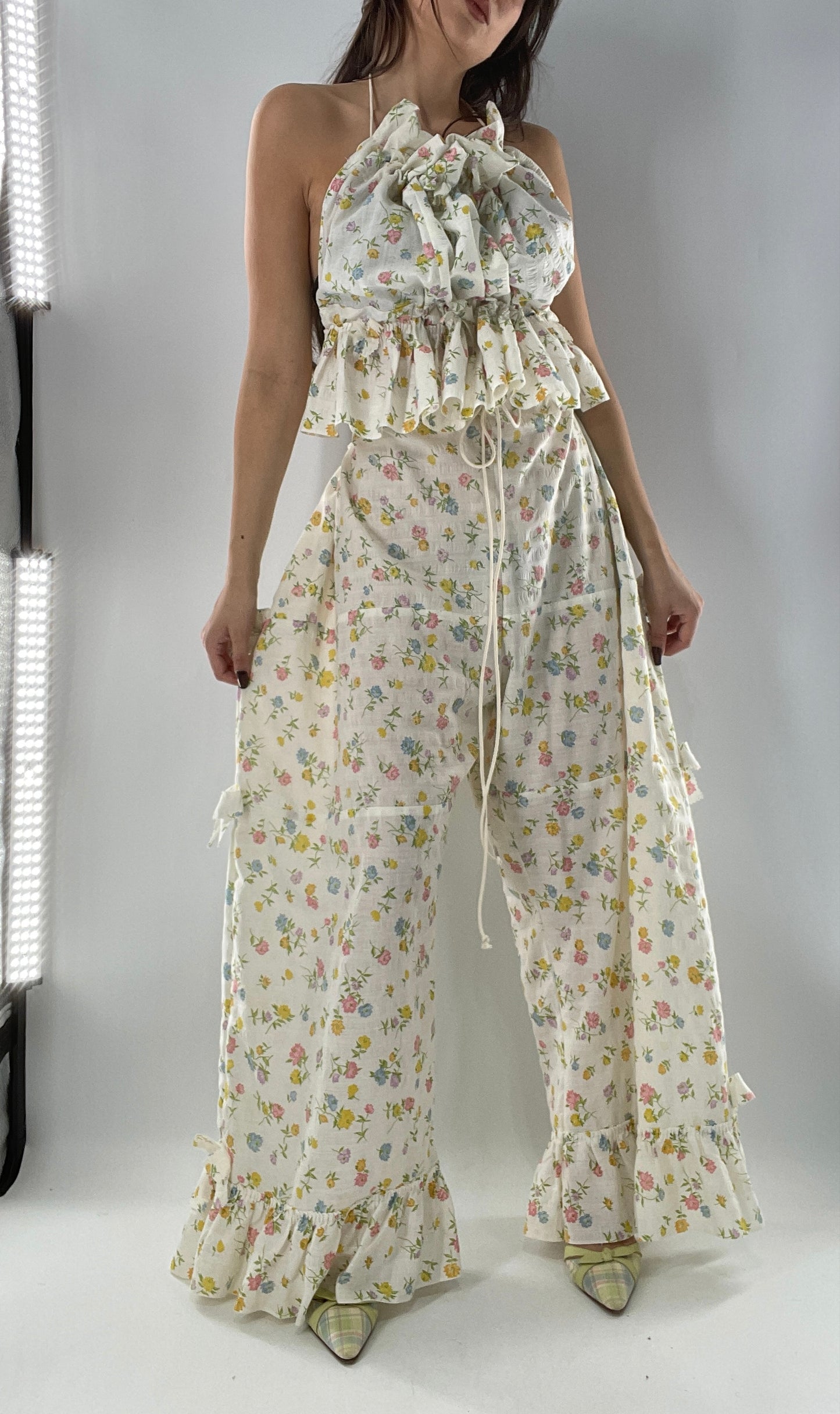 Vintage 2 Piece Floral Babydoll Set with Adjustable Top and Adjustable Pants Featuring Bow Sides and Ruffles Bum (One Size)