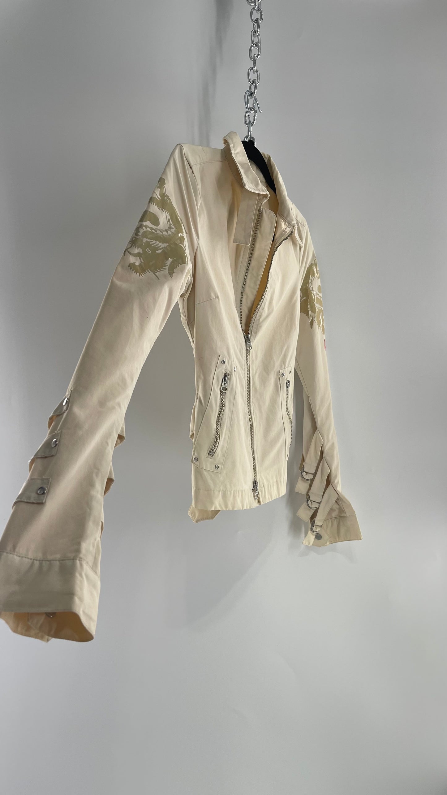 Vintage REPLAY Beige 1990s Italian Moto Jacket with Embossed Buttons, Buckle Cuffs, Dragon Graphic and Neck Strap (XS)