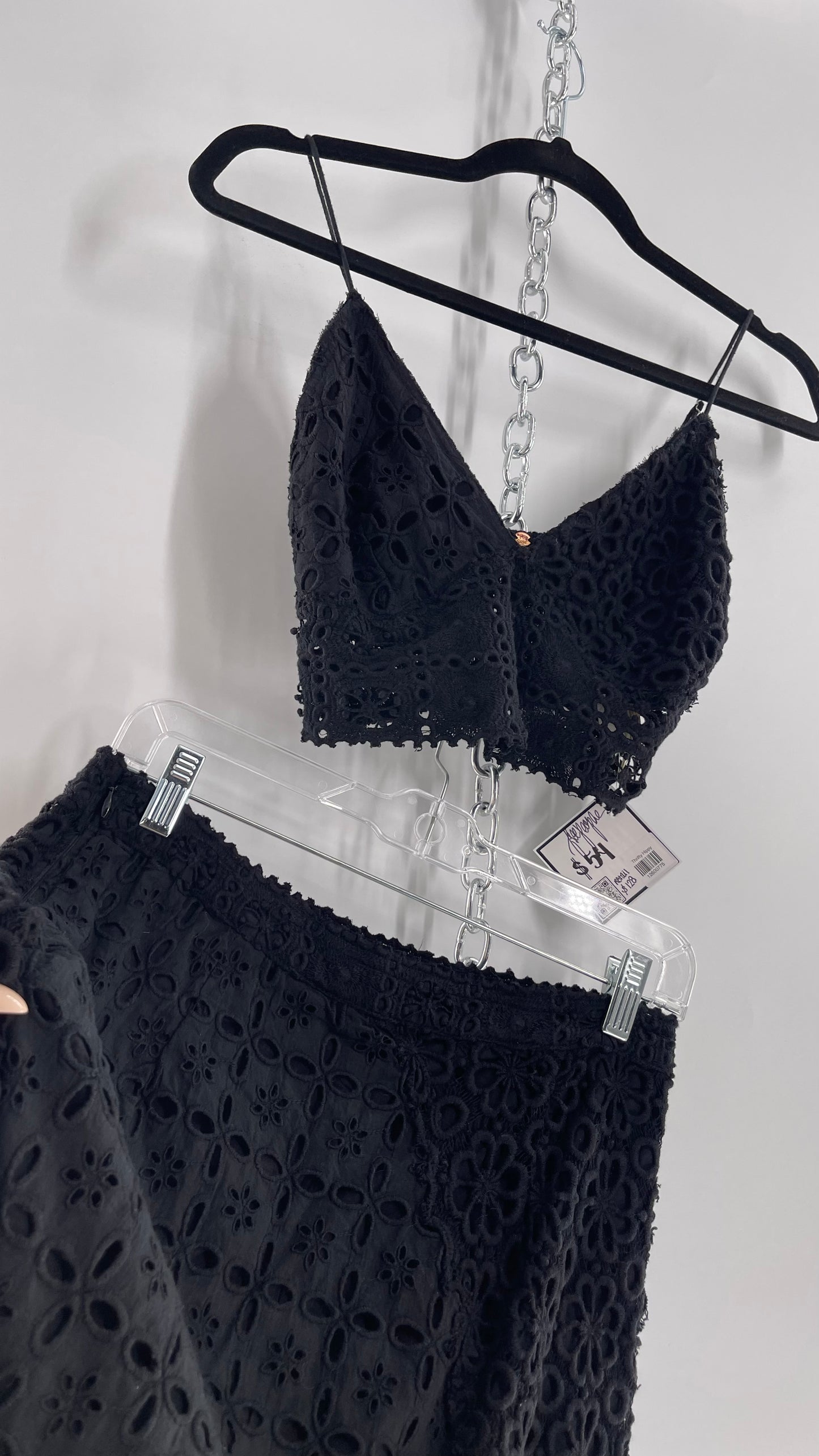 Free People Black Eyelet Lace Mini Skirt and Bustier Set (6)