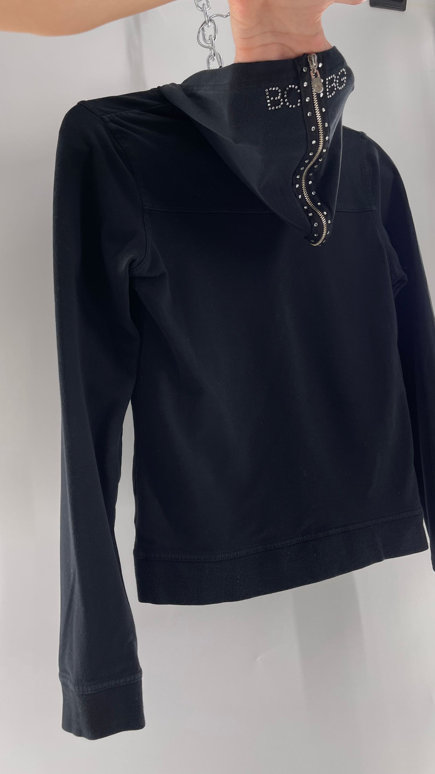 Vintage BCBG Rhinestone Logo Hoodie with Zip Up Studded Hood (Medium)