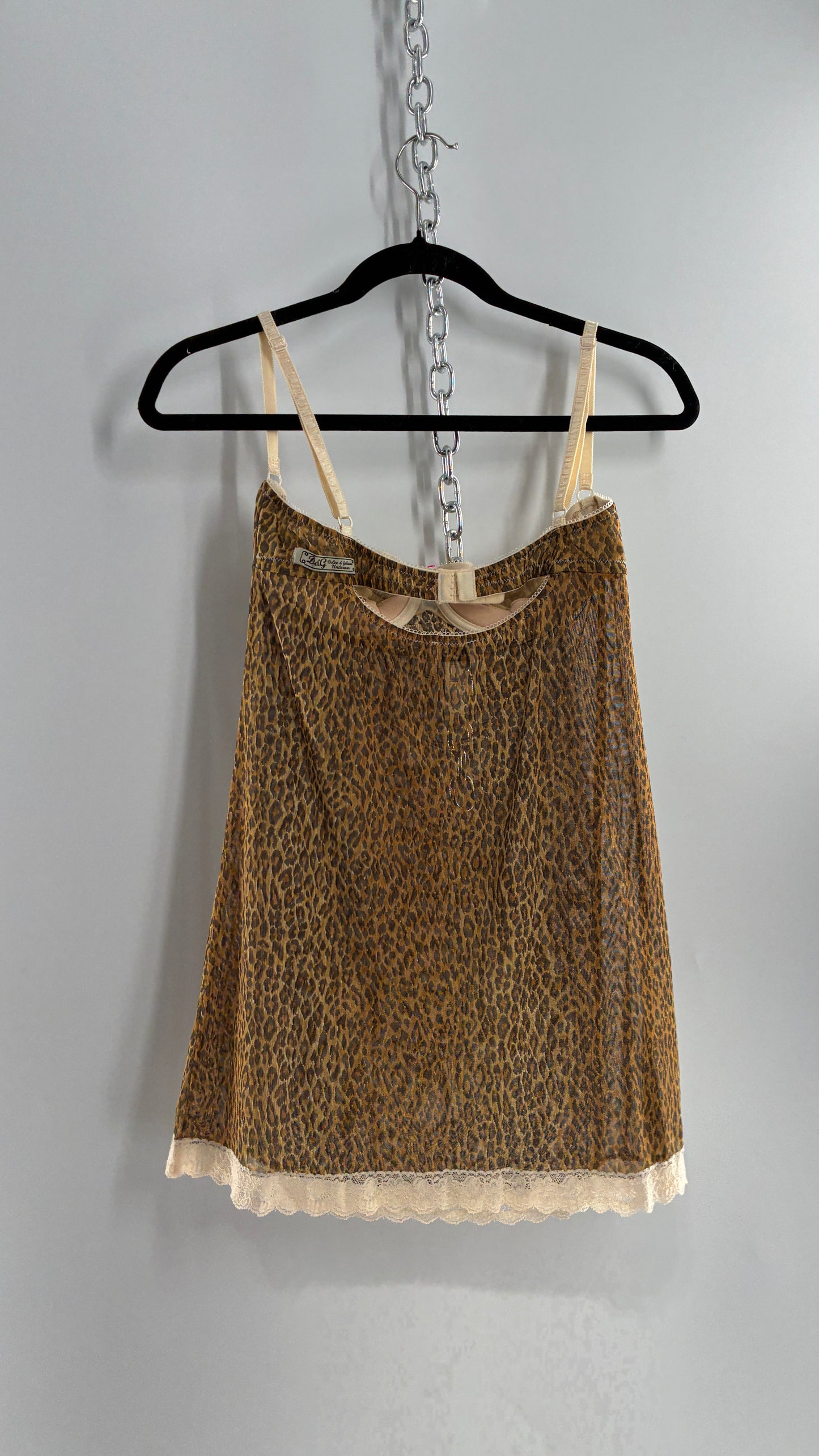 Vintage 1990s Dolce & Gabanna Cheetah Mesh Babydoll Camisole with Underwire Ruched Bust, Rosette and Branded Appliqué Tag (Large)