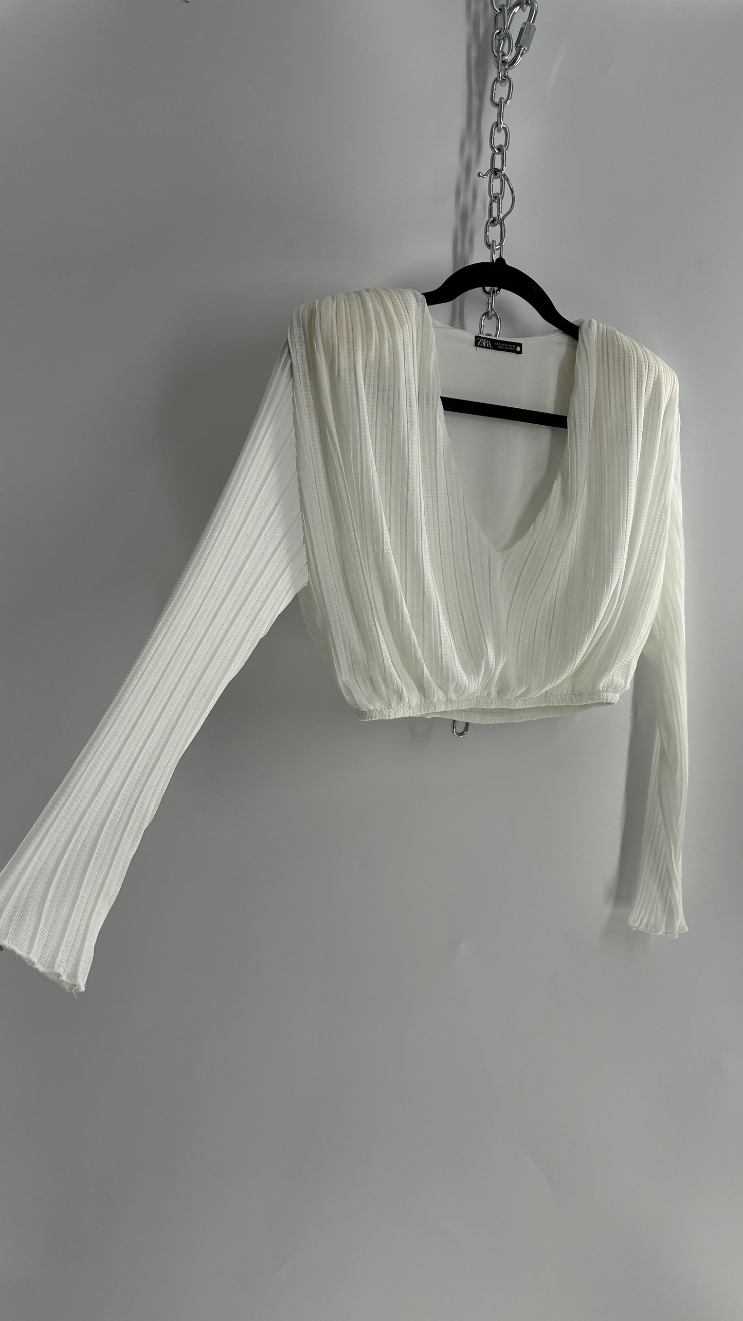 ZARA White Pleated and Draped Long Sleeve Blouse with Shoulder Pads (S)