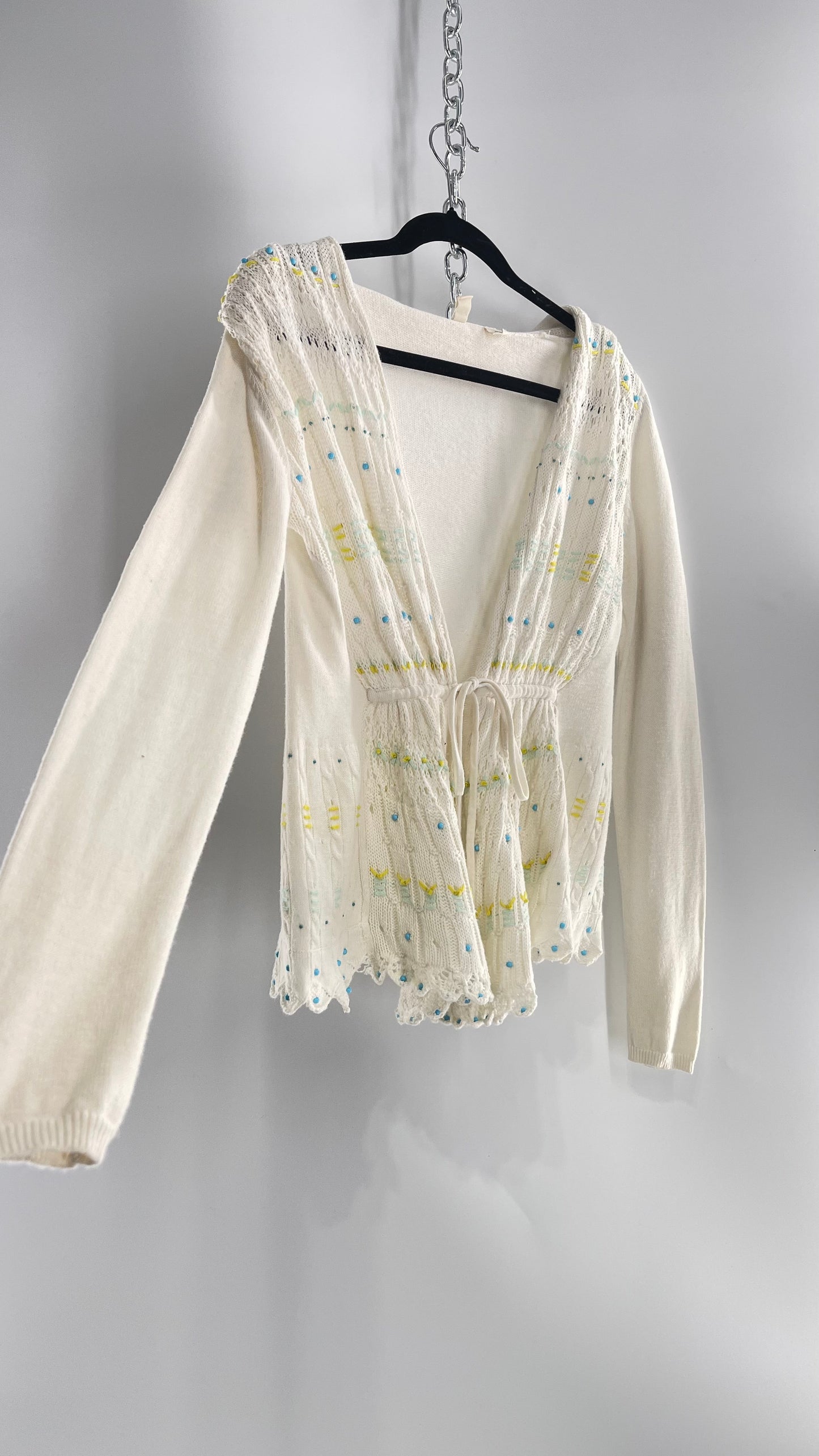 MOTH Anthropologie Beige Knit Tie Bust Sweater with Embroidered Daisies and Delicate Beading (Small)