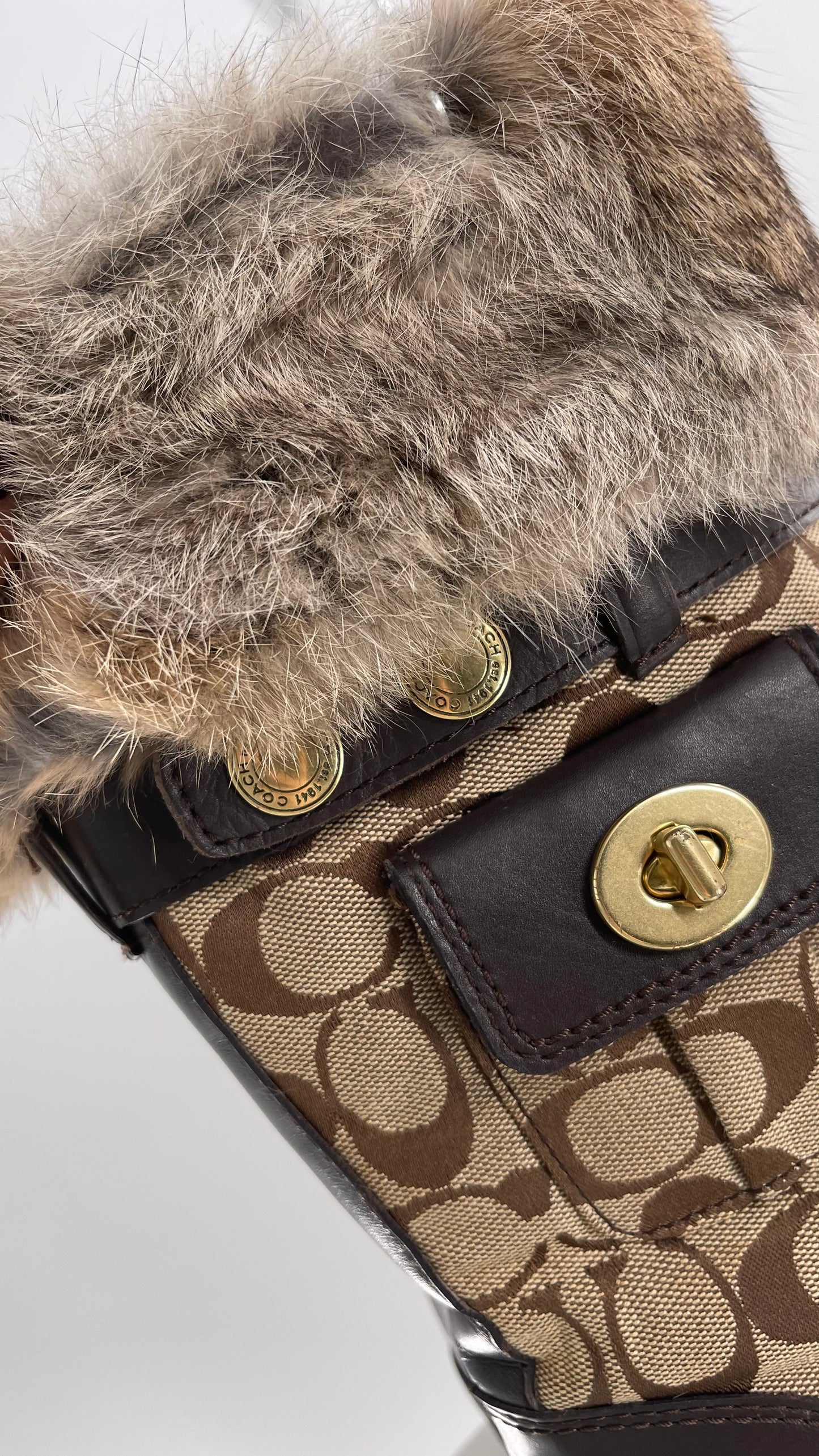 Coach Vintage Kimberly Brown Leather Quilted Monogram Rabbit Fur Trim Boot with Ankle Pouches (8.5)