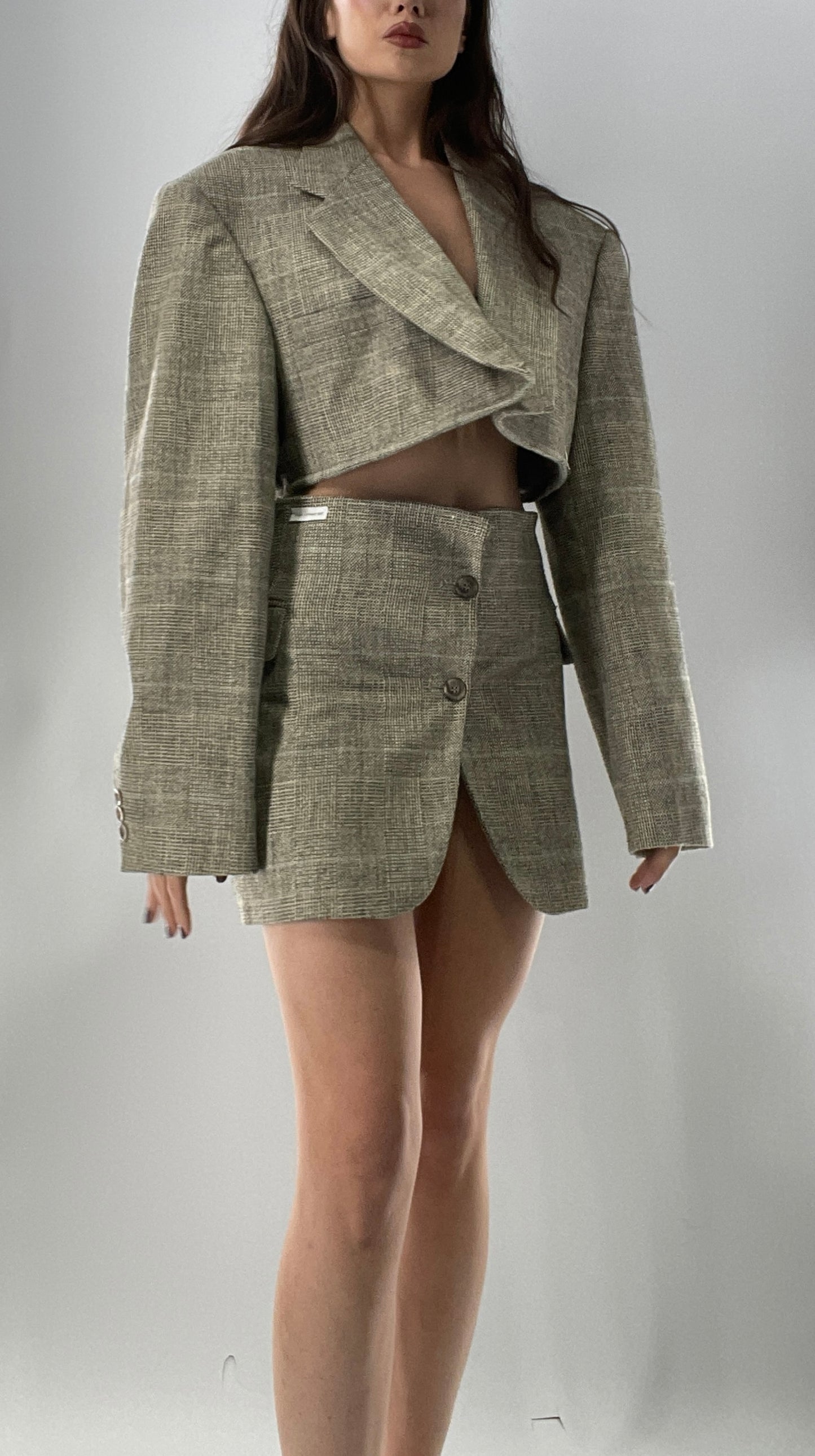 Vintage HAGGAR Handmade Upcycled Suit Set: 70% Wool Grey Blazer and Mini Skirt