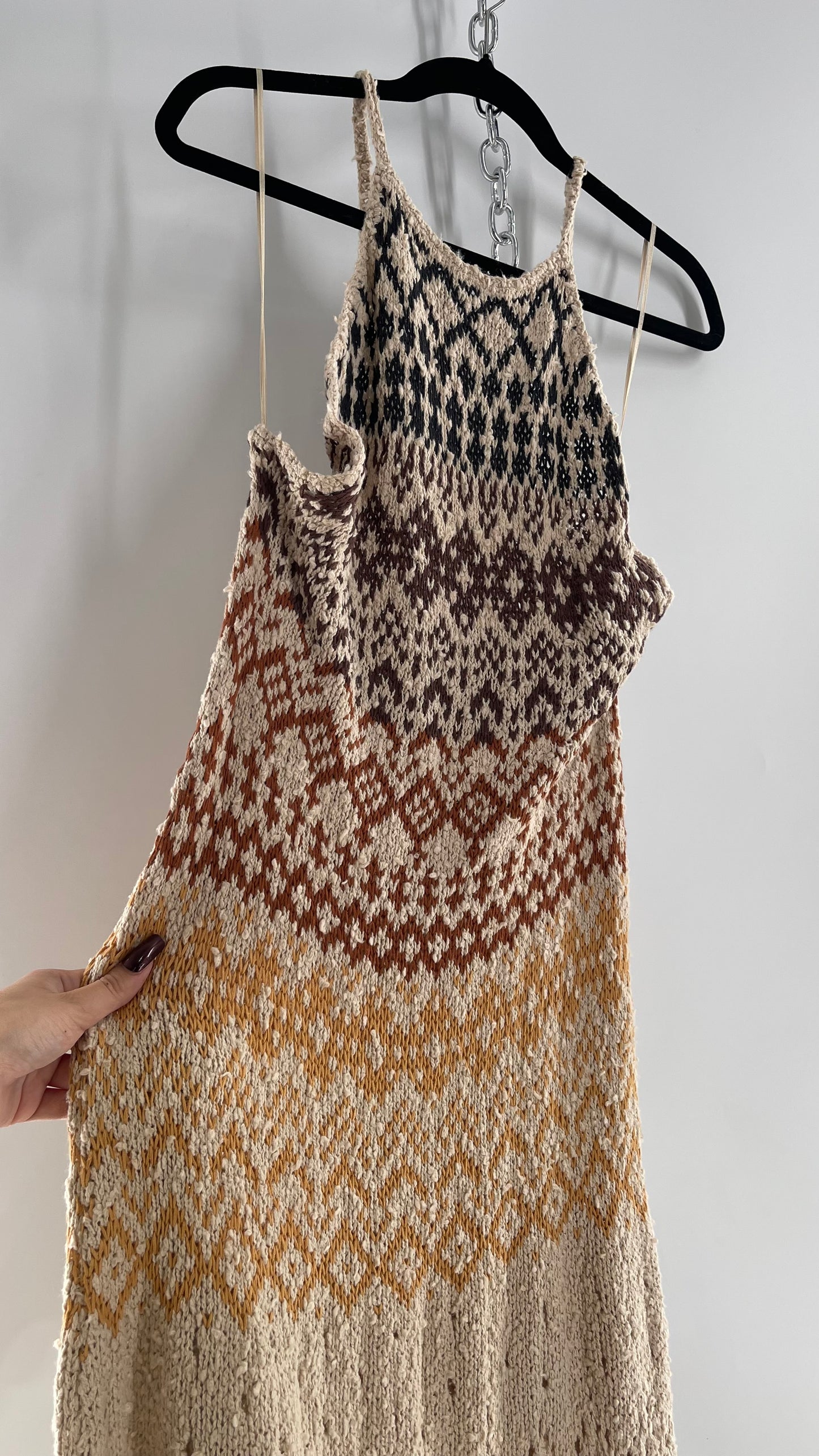 Free People Beige Ikat Oasis Knit Halter Maxi Dress (Small)