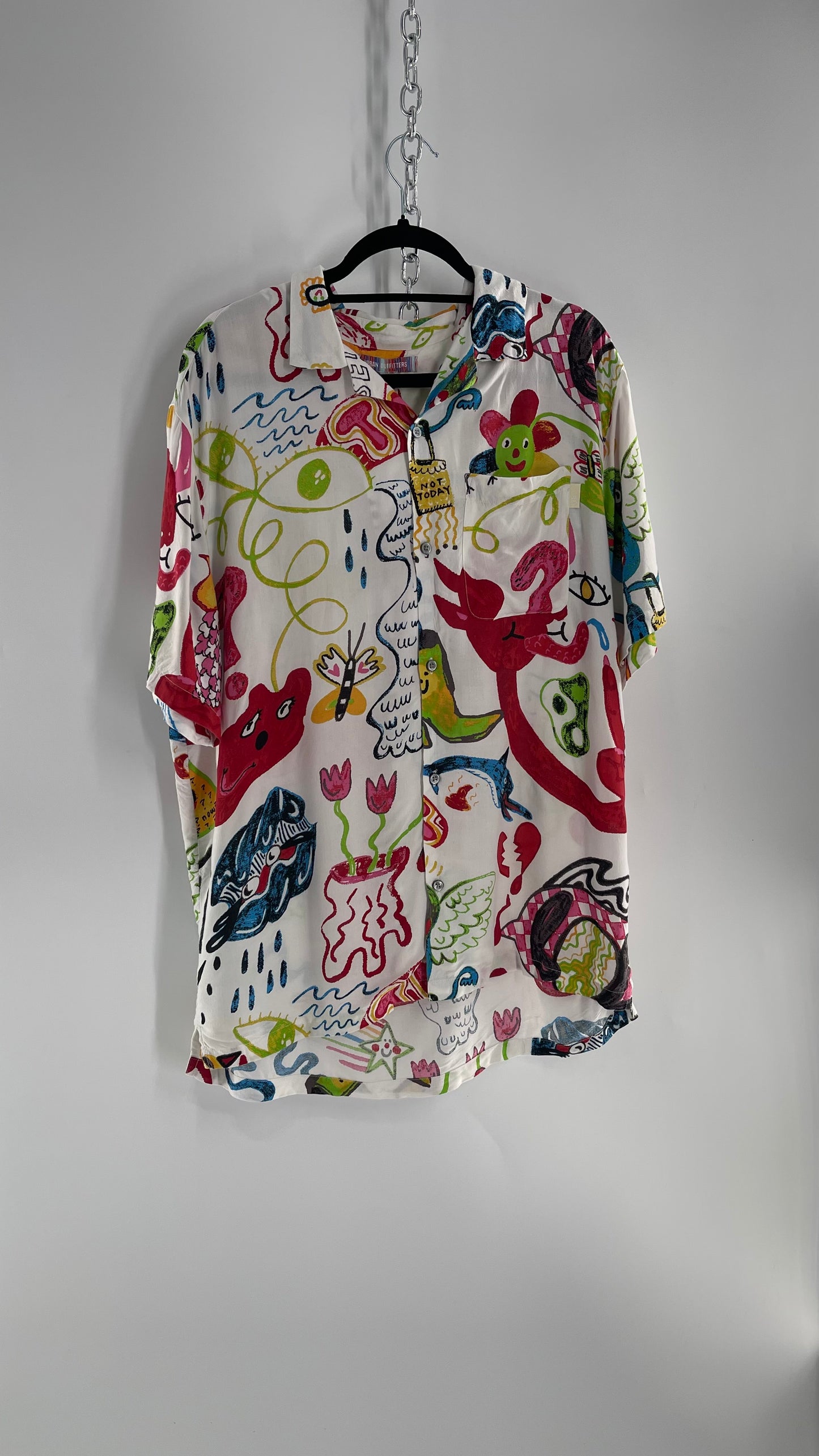 Urban Outfitters Happy Days Colorful Doodle Button Up (Large)