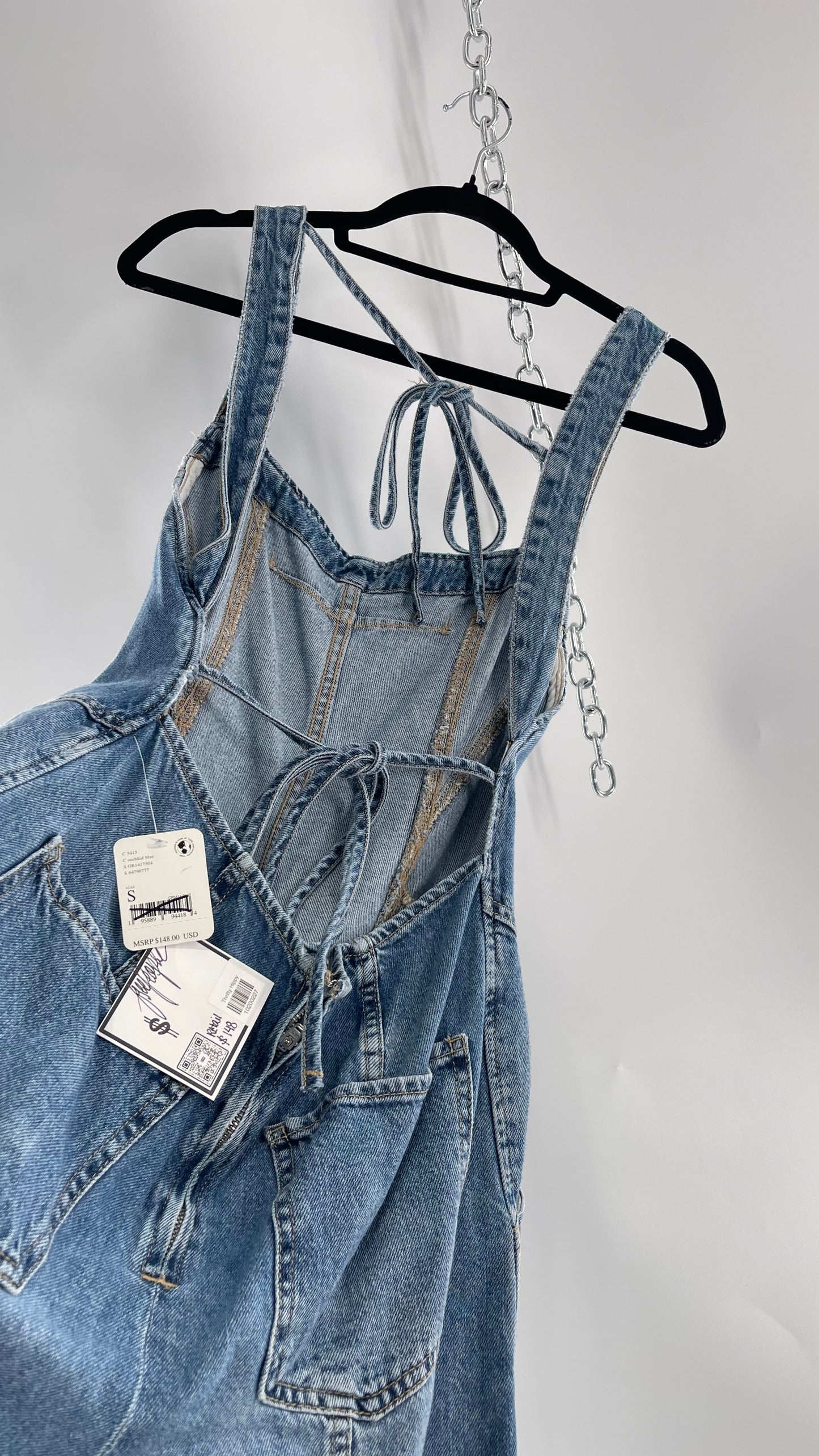 Free People Denim Backless Wide Leg Jumpsuit with Tags Attached (Small)
