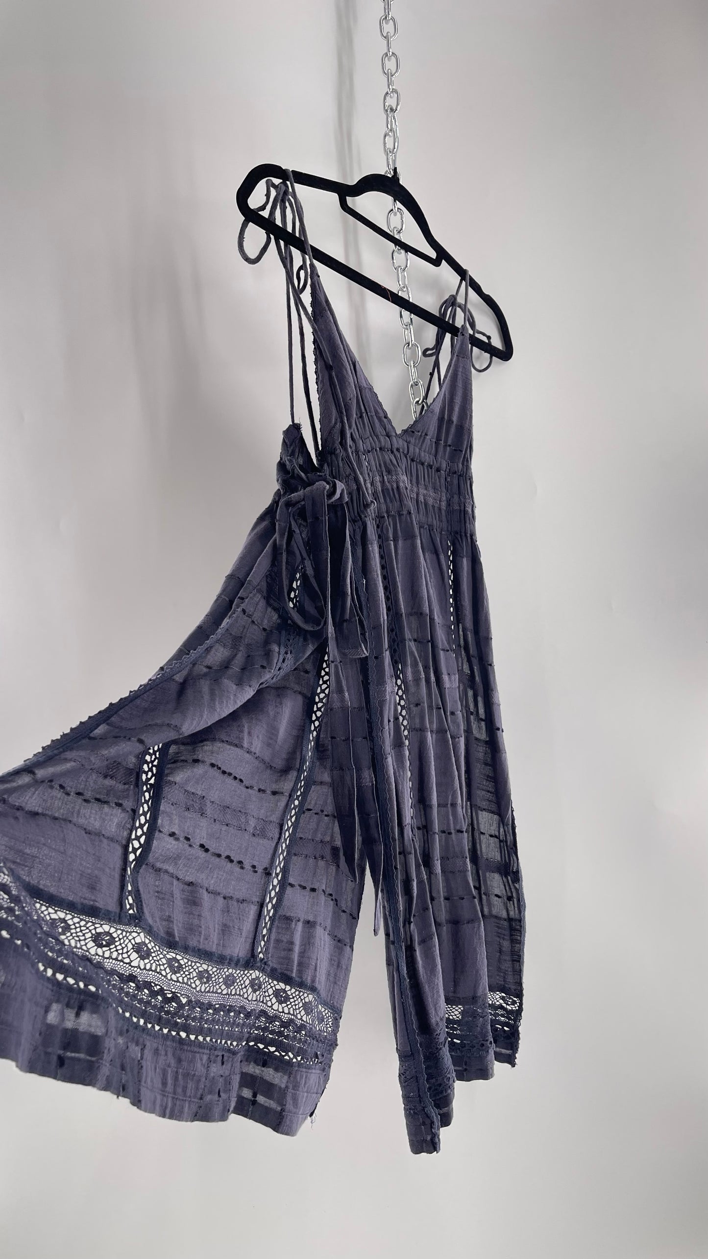 Free People Navy Blue Cotton Lace and Embroidered Open Tie Side Dress (M)