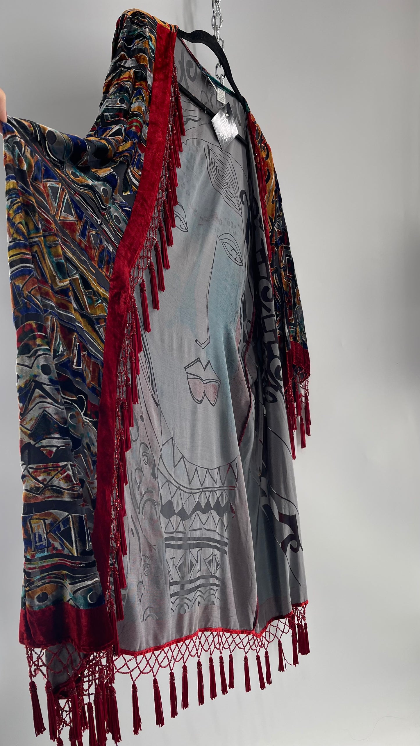 Vintage Burnout Buddhist Motif Velvet/Velour Beaded Fringe Duster Coat/Kimono with Tassel Sleeves and Hems (M/L)