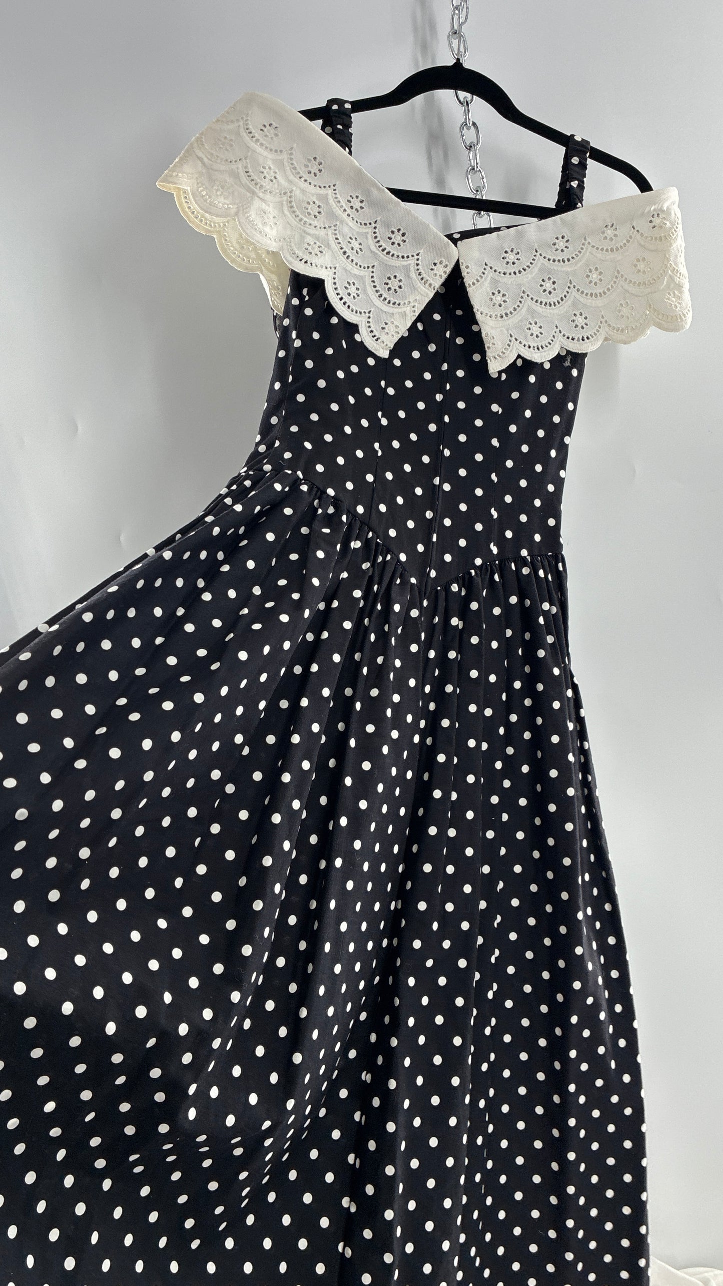 Vintage Handmade Black and White Polka Dot Pointed Waistline Gown with Off the Shoulder Stiff Lace Straps and Rosette Detail (8)