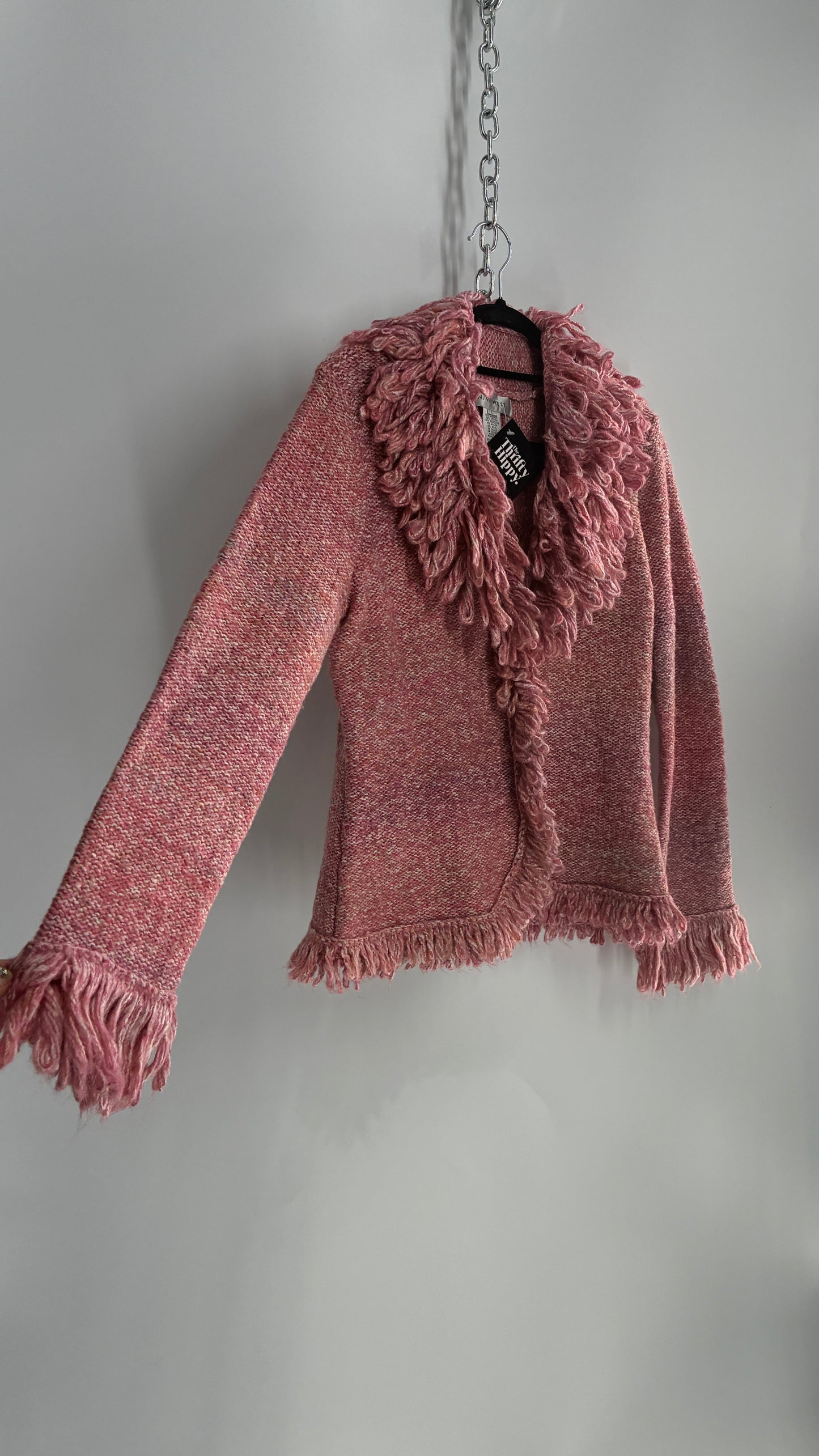Nine West Pink Knit Cardigan Jacket with Exaggerated Fringe Collar and Cuffs (Large)