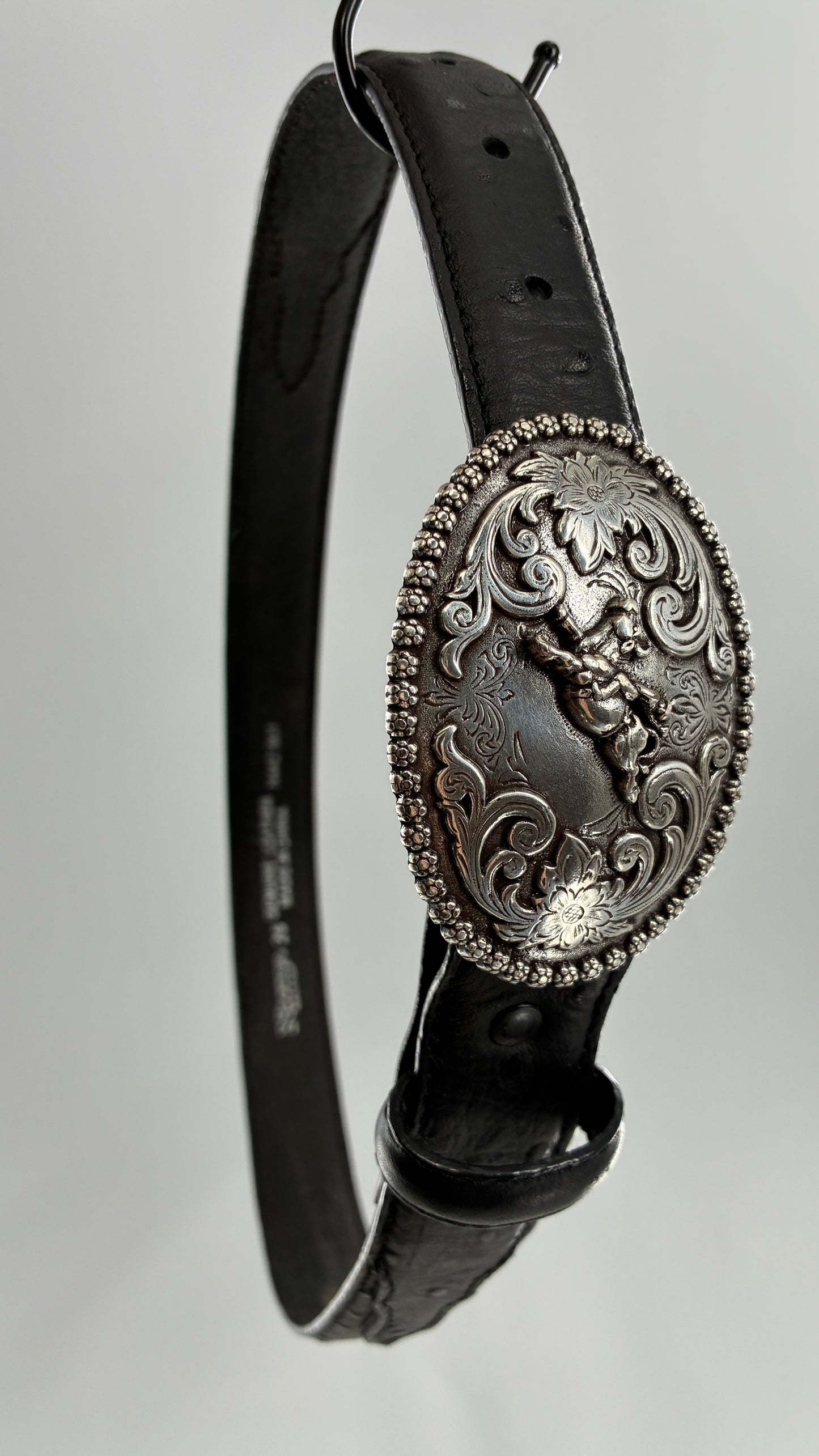 Vintage NOCONA Black Leather Western Style Belt with Oversized Engraved Cowboy Buckle (26)