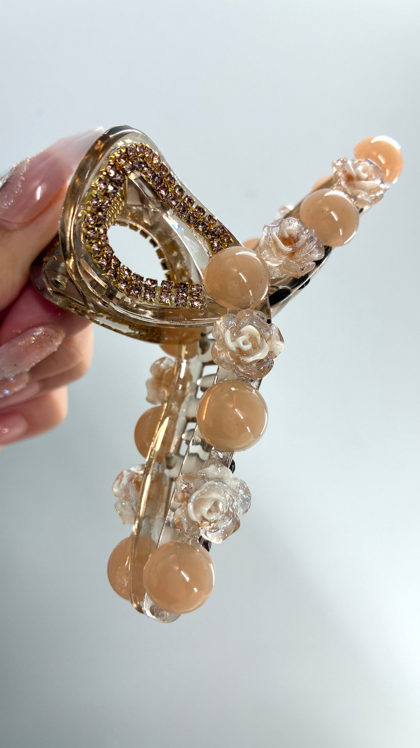 Beige Tan Beaded Rhinestone Claw Clip