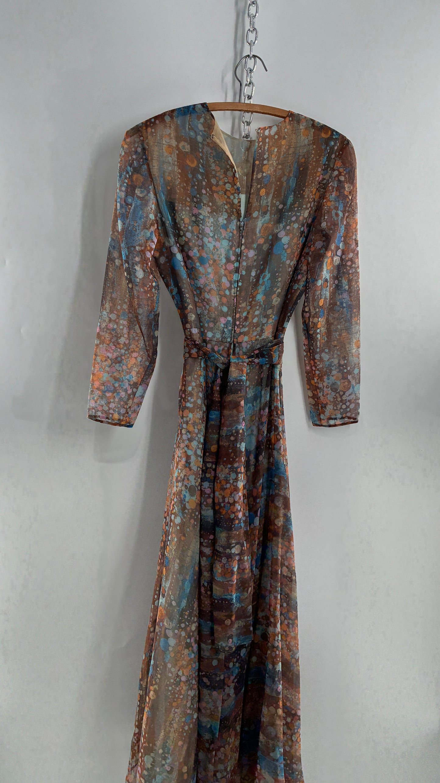 Vintage 1970s HELEN BASS Brown, Orange, Blue Voluminous Maxi Dress (S)