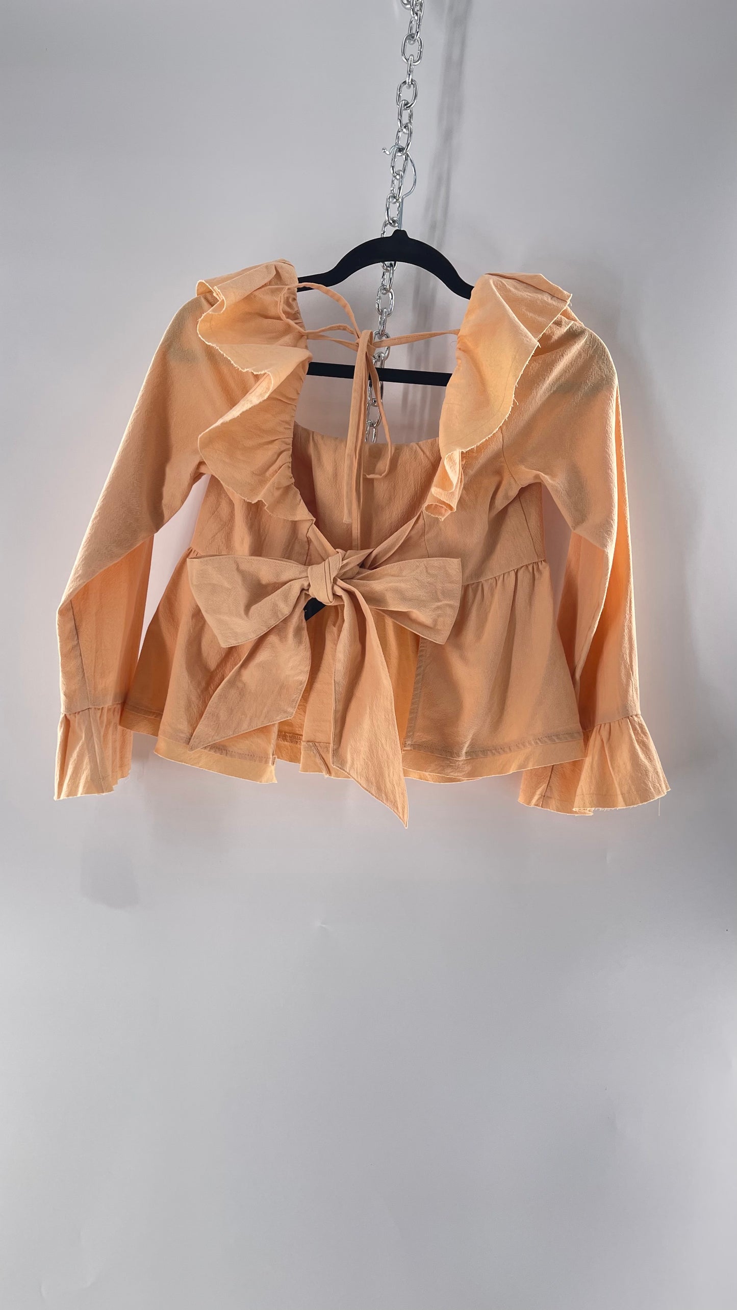 Free People Pumpkin Light Orange Backless Bow Back Cropped Blouse with Ruffle Sleeve and Neckline (XS)
