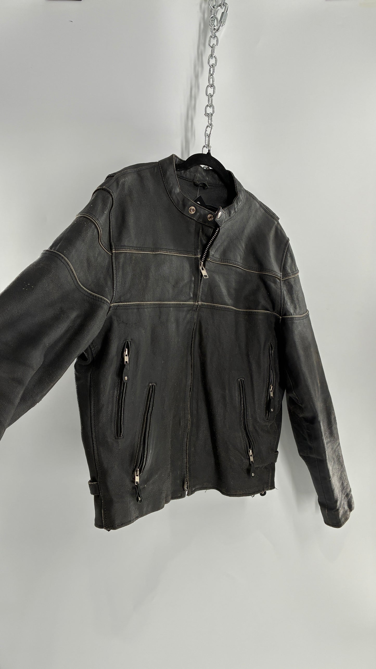 Vintage Distressed Genuine Leather Motorcycle Jacket with Zippered Pockets, Cuffs, and Sides (Large)