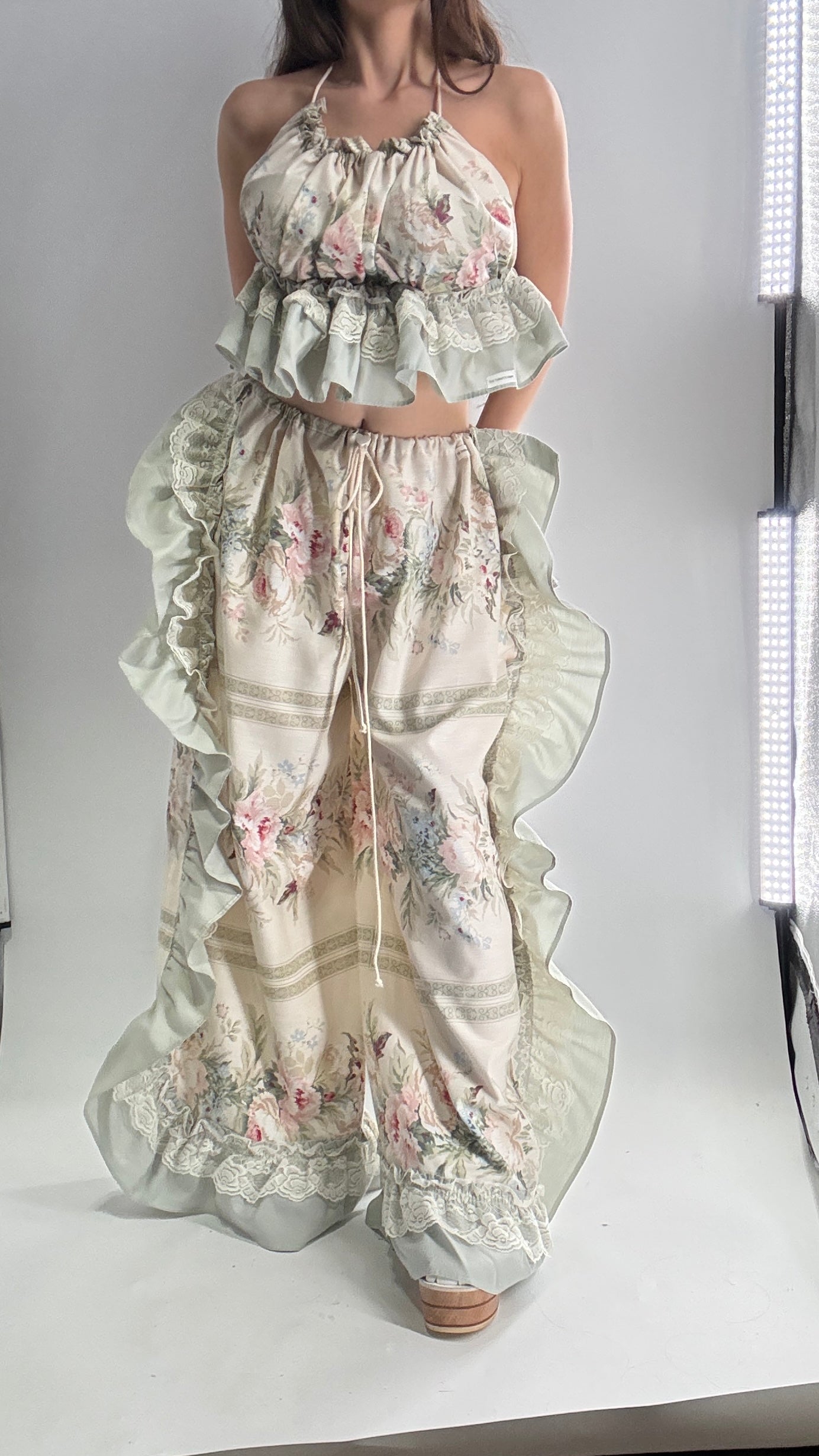 Handmade Vintage Muted Florals Two Piece Set with Adjustable Waist and Bust Lines (XS-XL)