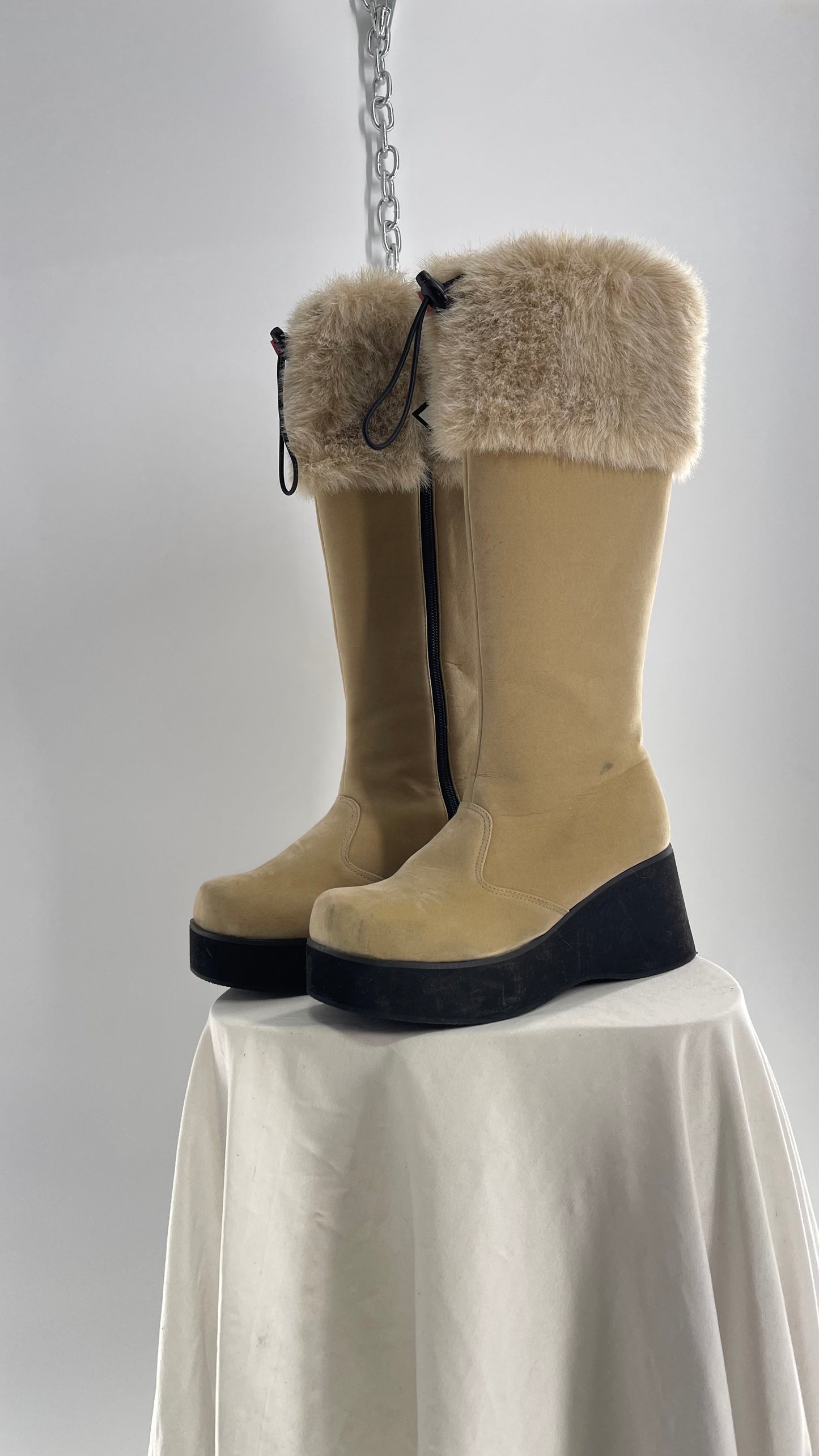 Vintage Faux Fur Trim Tan Platform Wedge Knee High Boots (6)