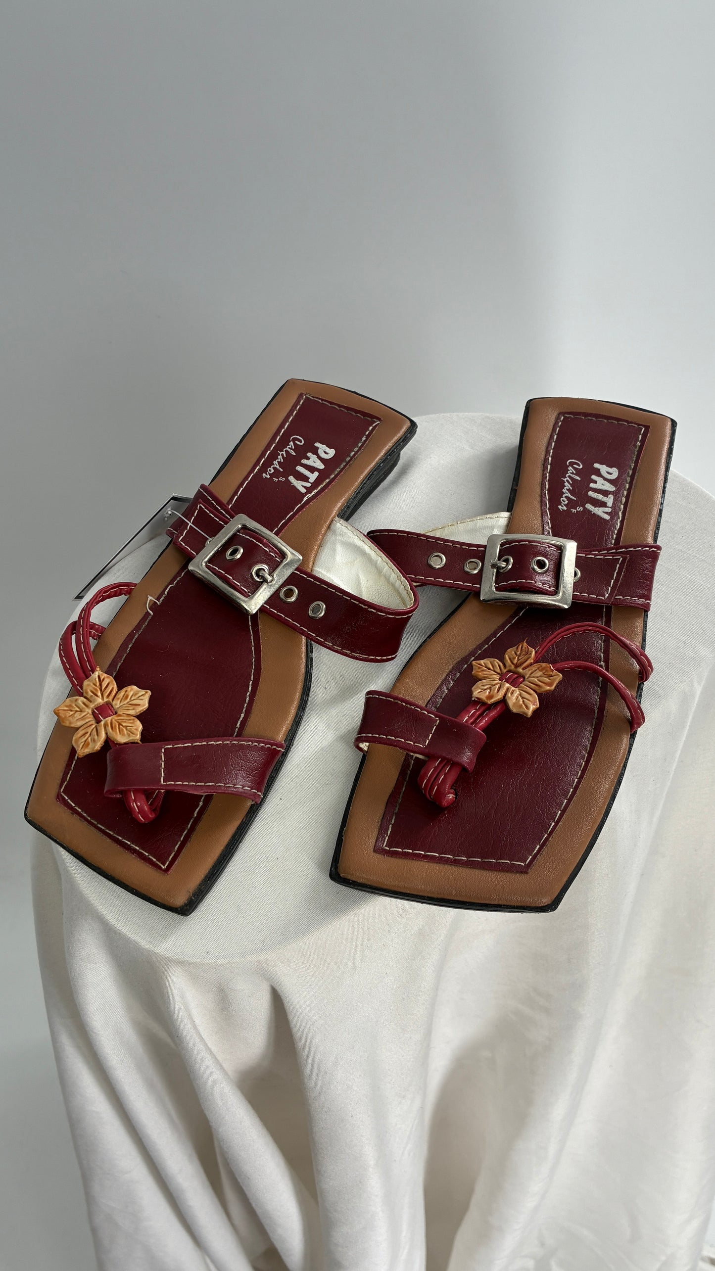 Vintage Burgundy Leather, Square Toe, Made in Brazil Sandals with Metal Buckle Strap (36)