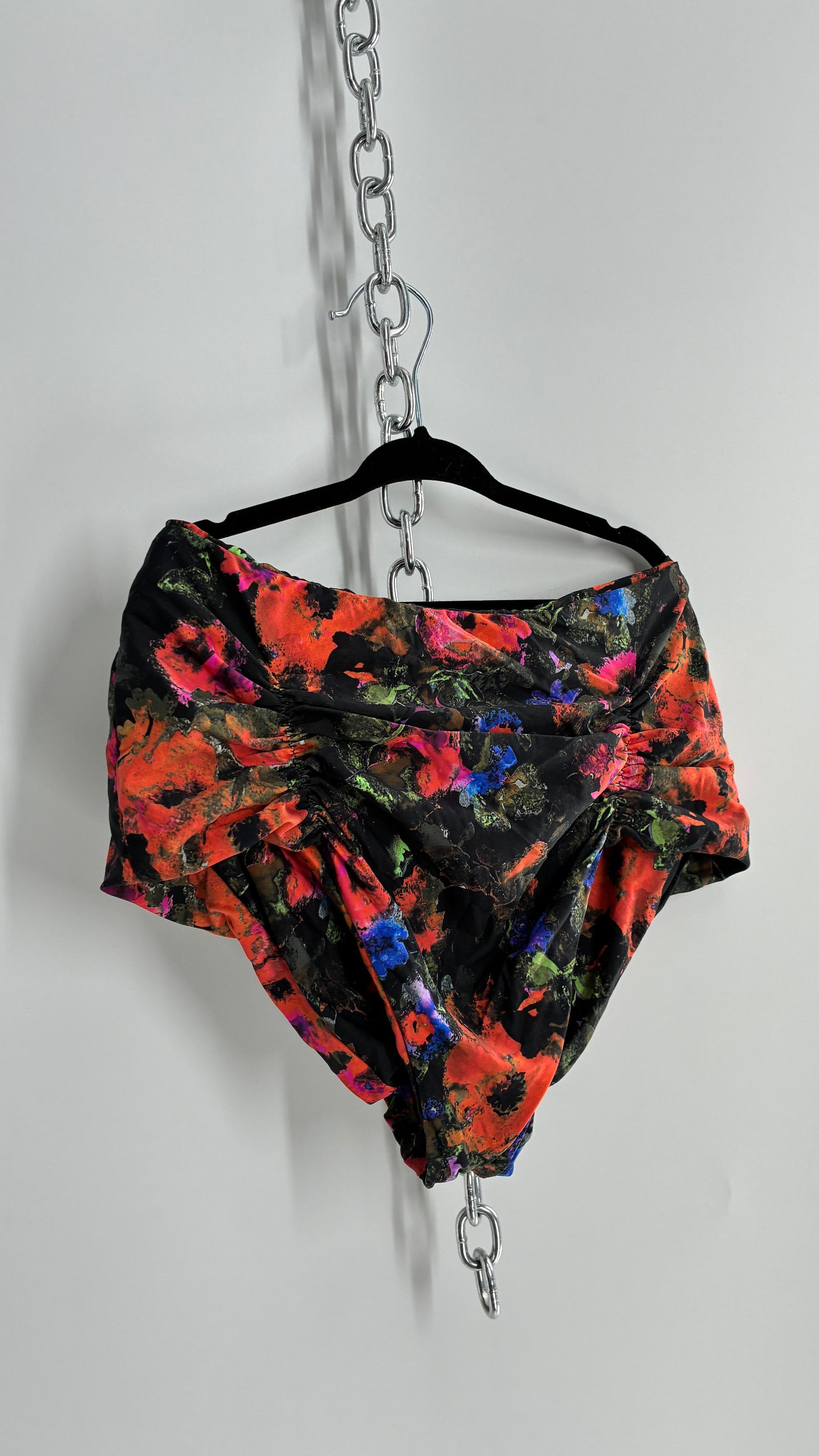 Boys + ARROWS High Contrast Floral High Waisted, Ruched Tanga Swim Bottoms (M)
