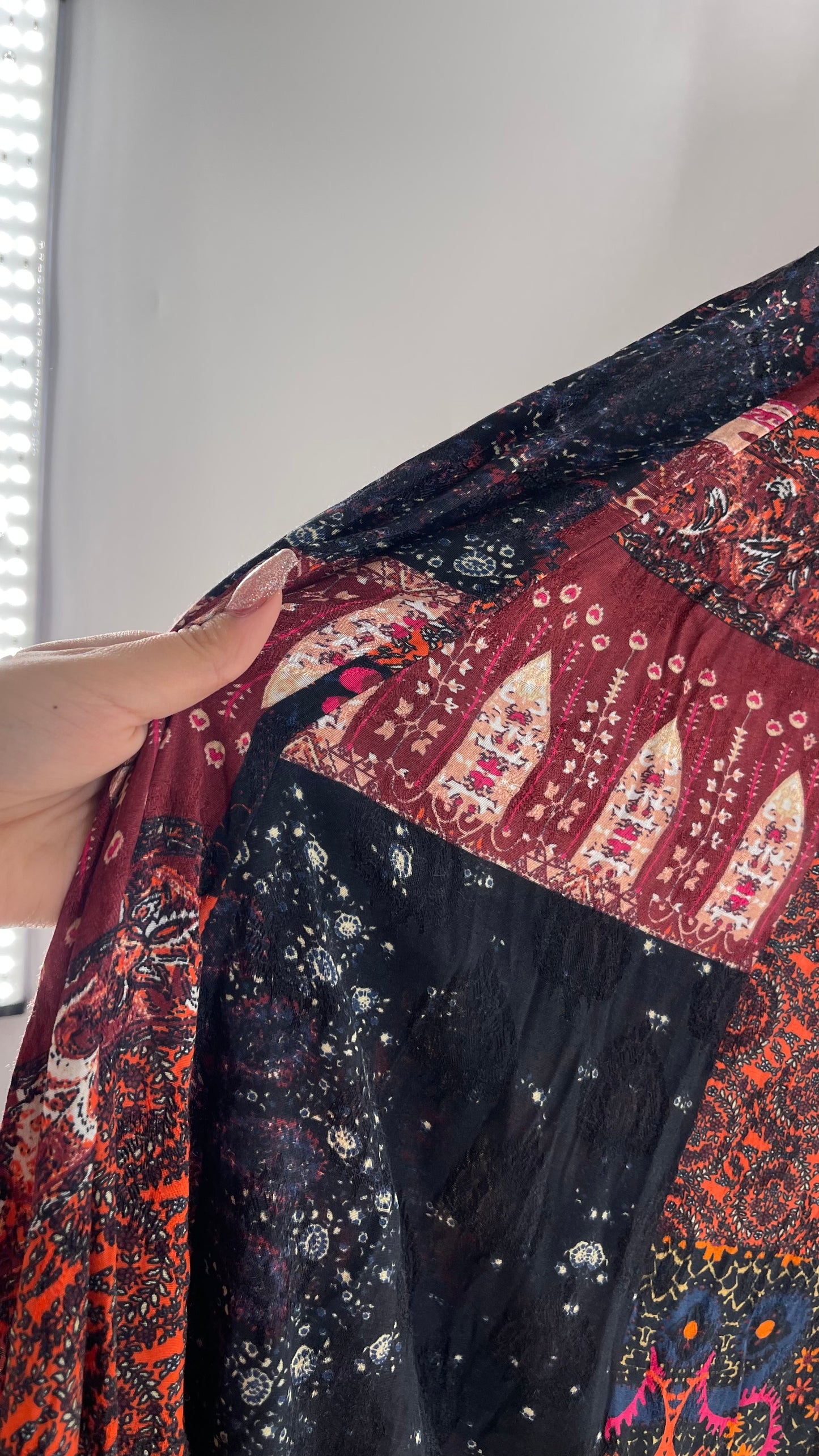 Free People Burgundy Satin Patchwork Patterned Fringe Full Length Skirt with Embossed Symbols and Side Slit Tags Attached (0)